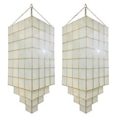 Art Deco Style White Milk Glass & Brass Chandelier, Pendant or Lantern, Pair