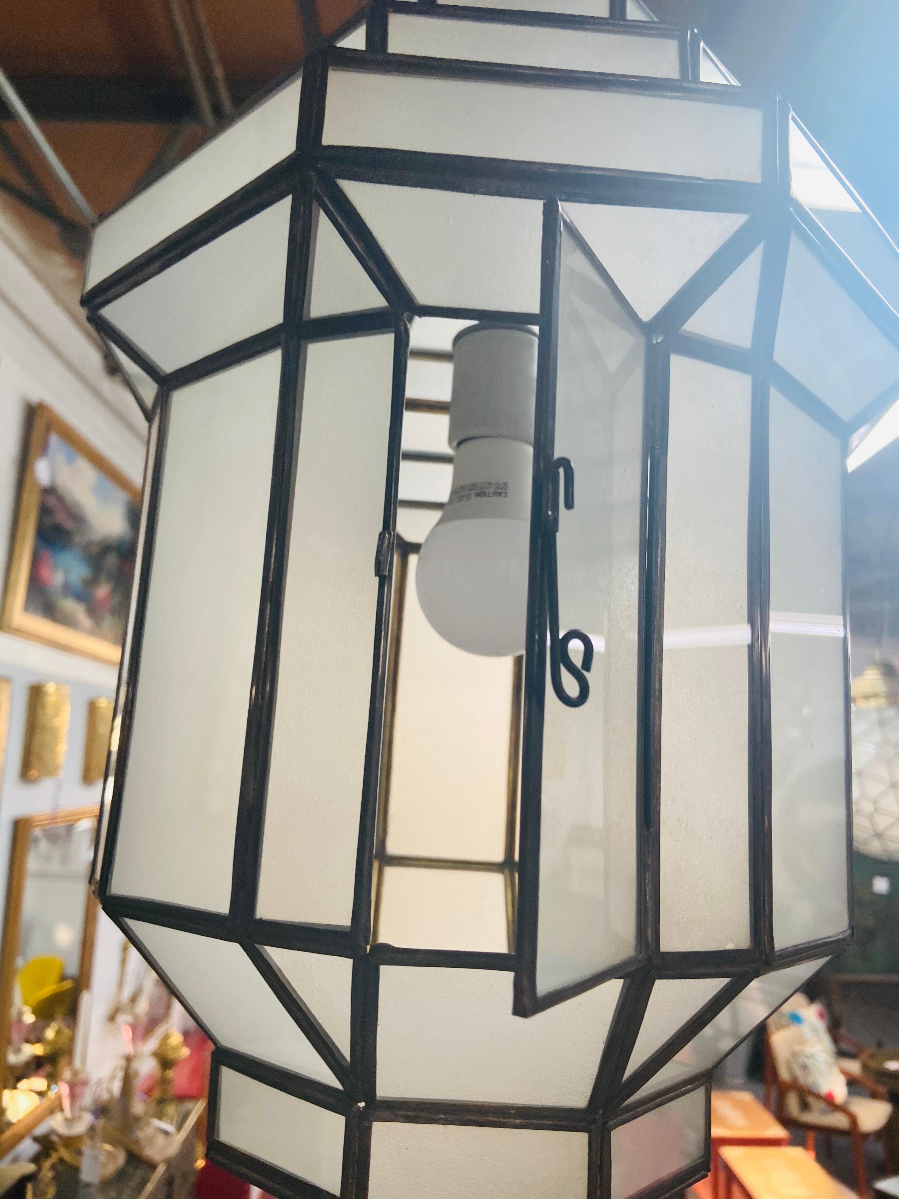 Metal Art Deco Style White Milk Glass Handmade Chandelier, Pendant, Lantern, a Pair