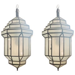 Vintage Art Deco Style White Milk Glass Handmade Chandelier, Pendant, Lantern, a Pair