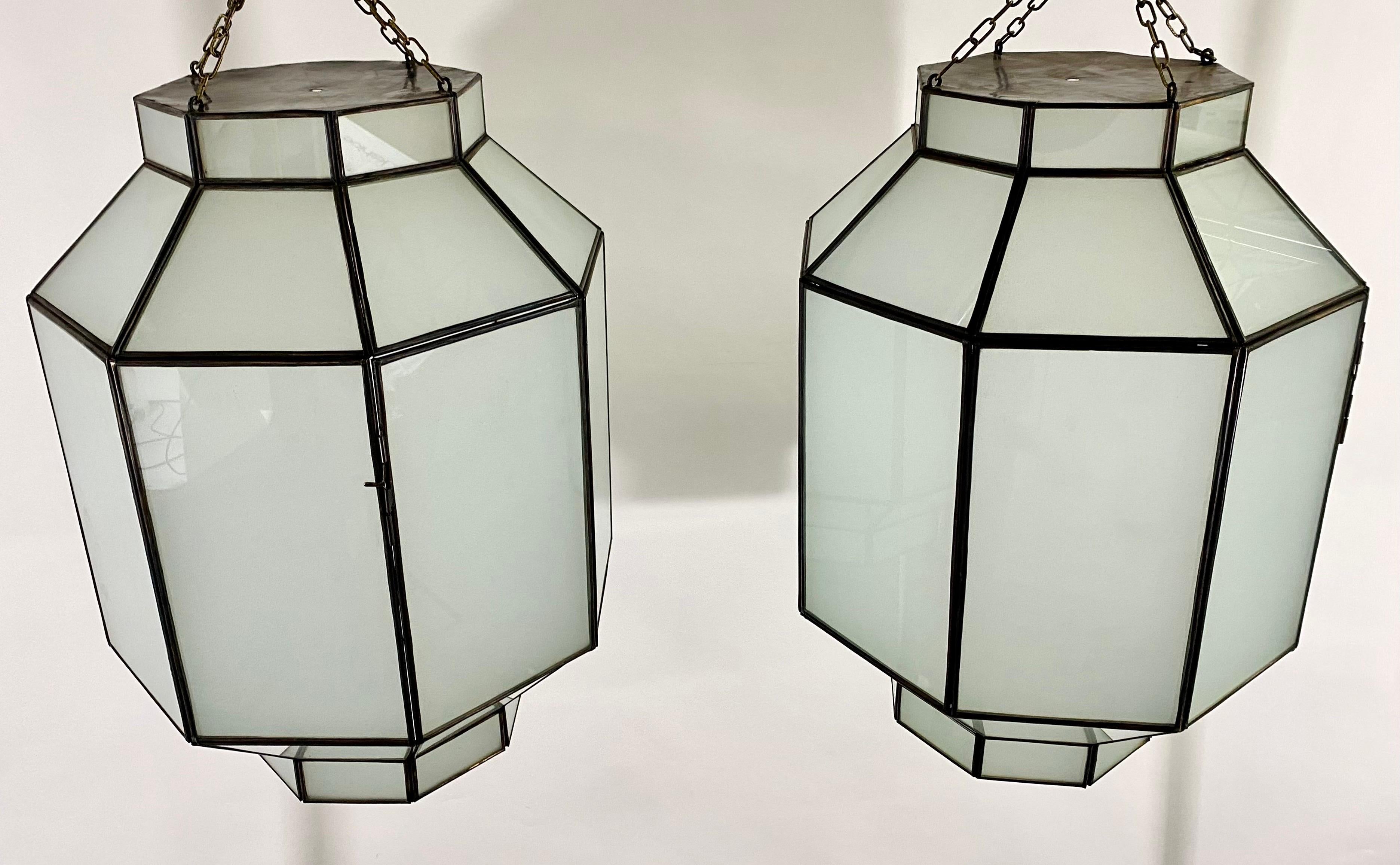 Art Deco Style White Milk Glass Octagon Shaped Chandelier or Pendant, a Pair In Good Condition For Sale In Plainview, NY