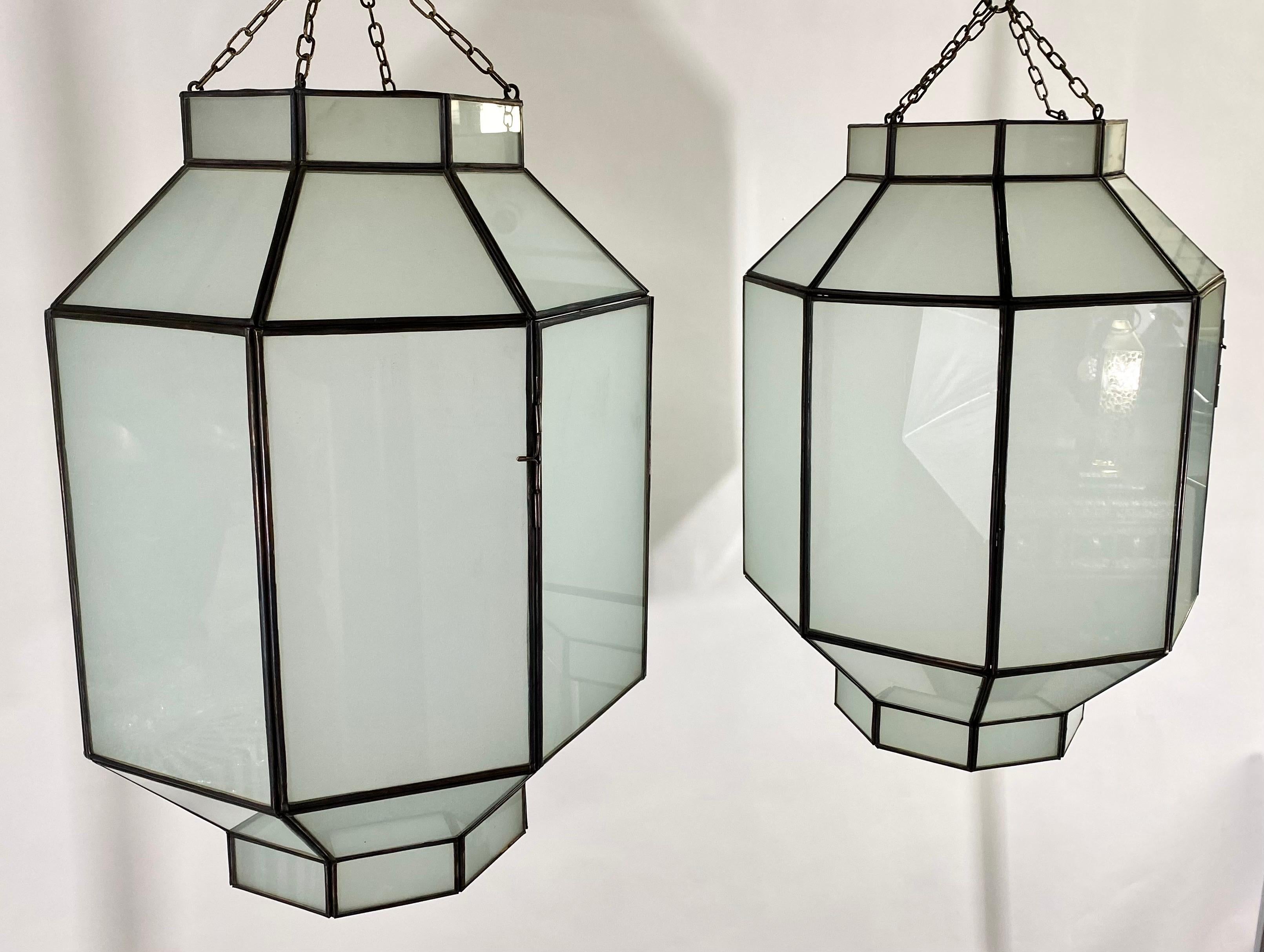 20th Century Art Deco Style White Milk Glass Octagon Shaped Chandelier or Pendant, a Pair For Sale