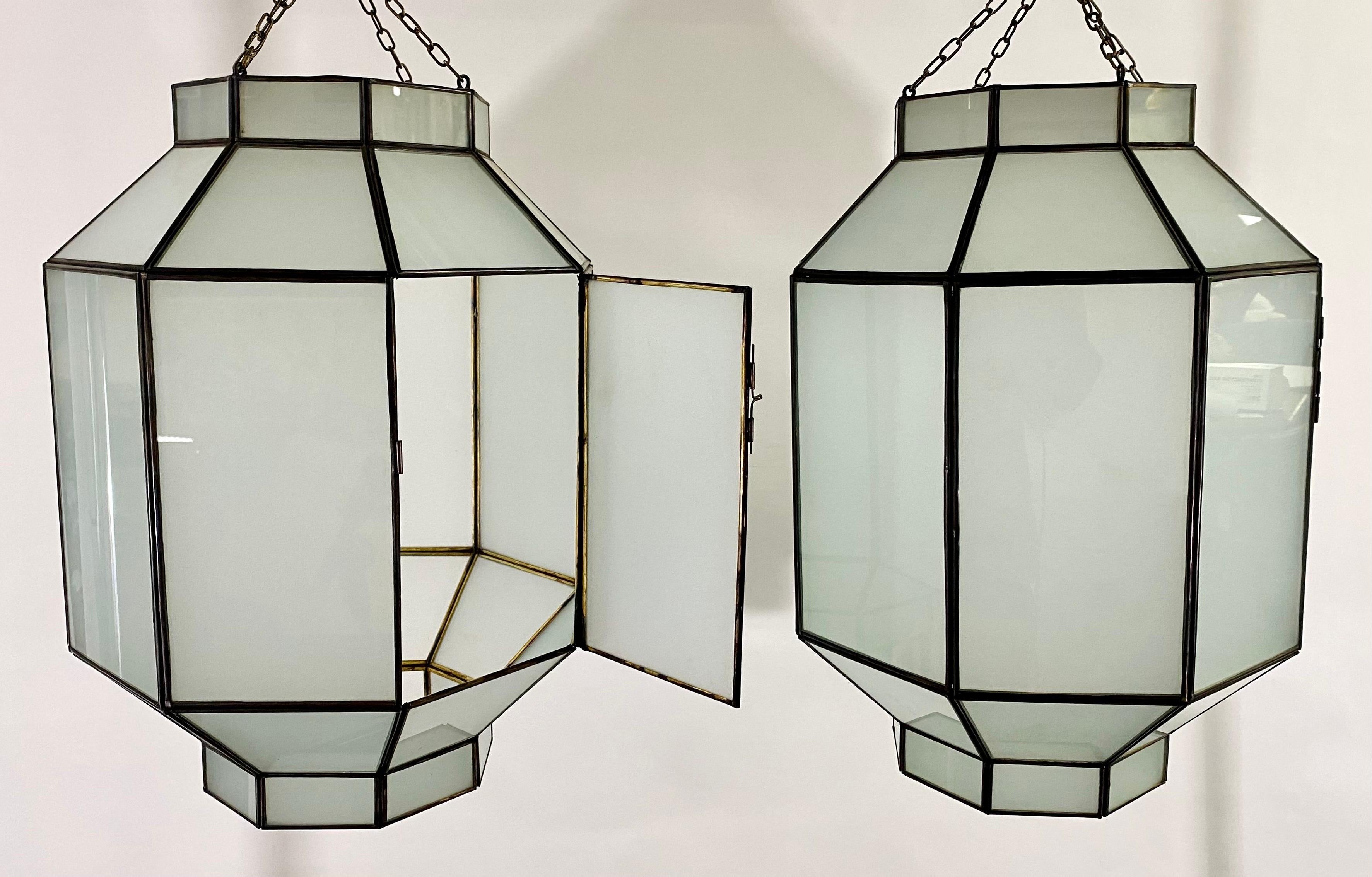 Bronze Art Deco Style White Milk Glass Octagon Shaped Chandelier or Pendant, a Pair For Sale