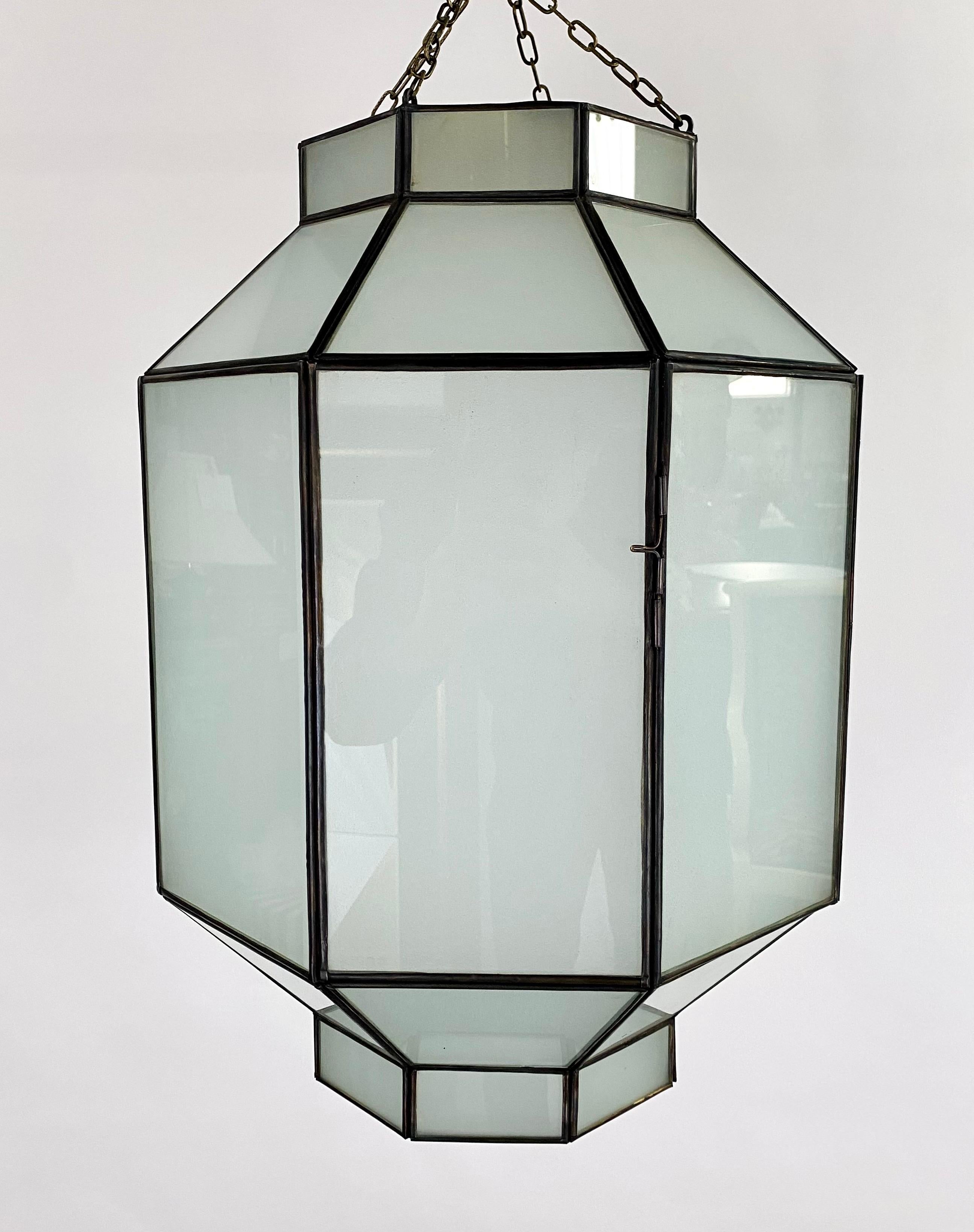Art Deco Style White Milk Glass Octagon Shaped Chandelier or Pendant, a Pair For Sale 1