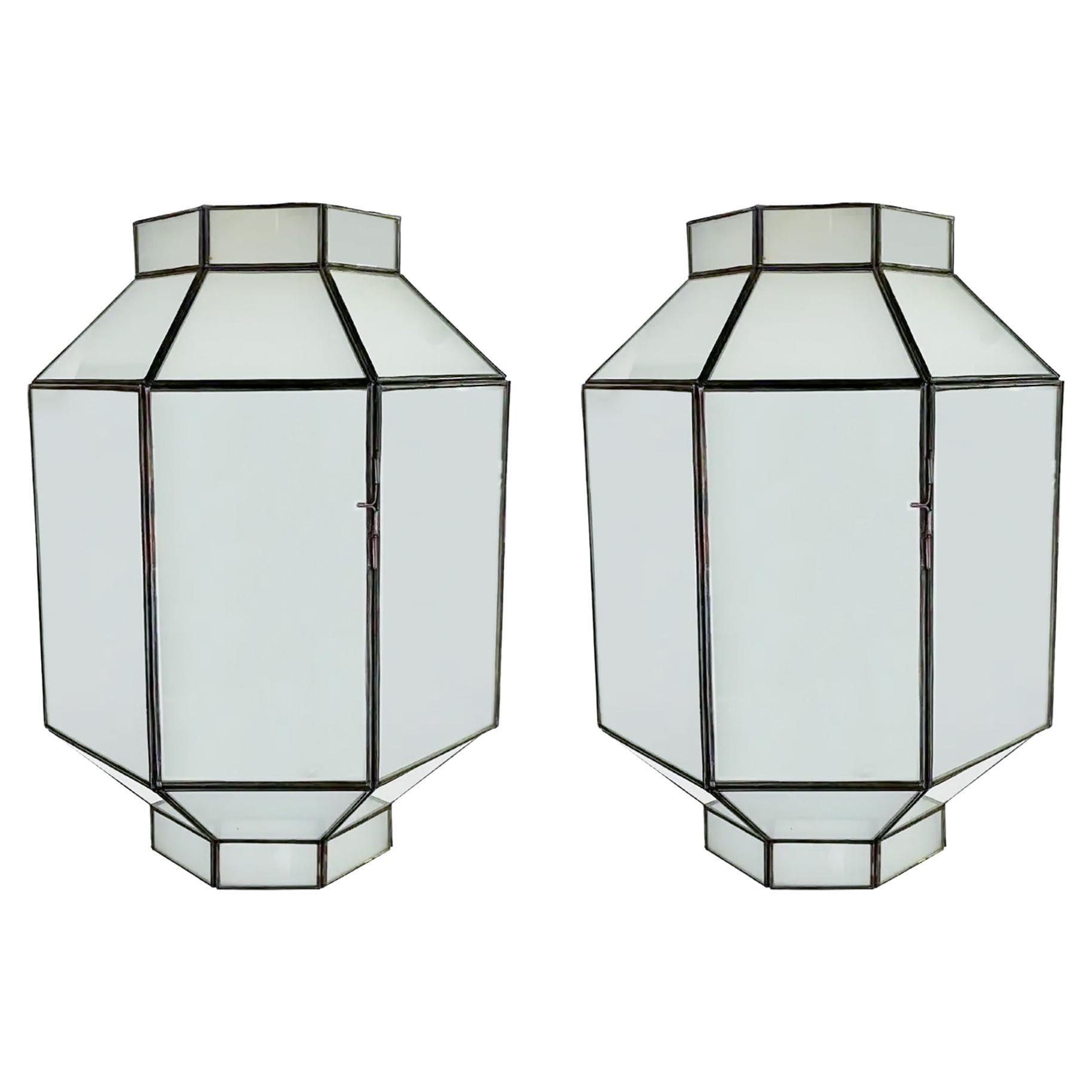 Art Deco Style White Milk Glass Octagon Shaped Chandelier or Pendant, a Pair