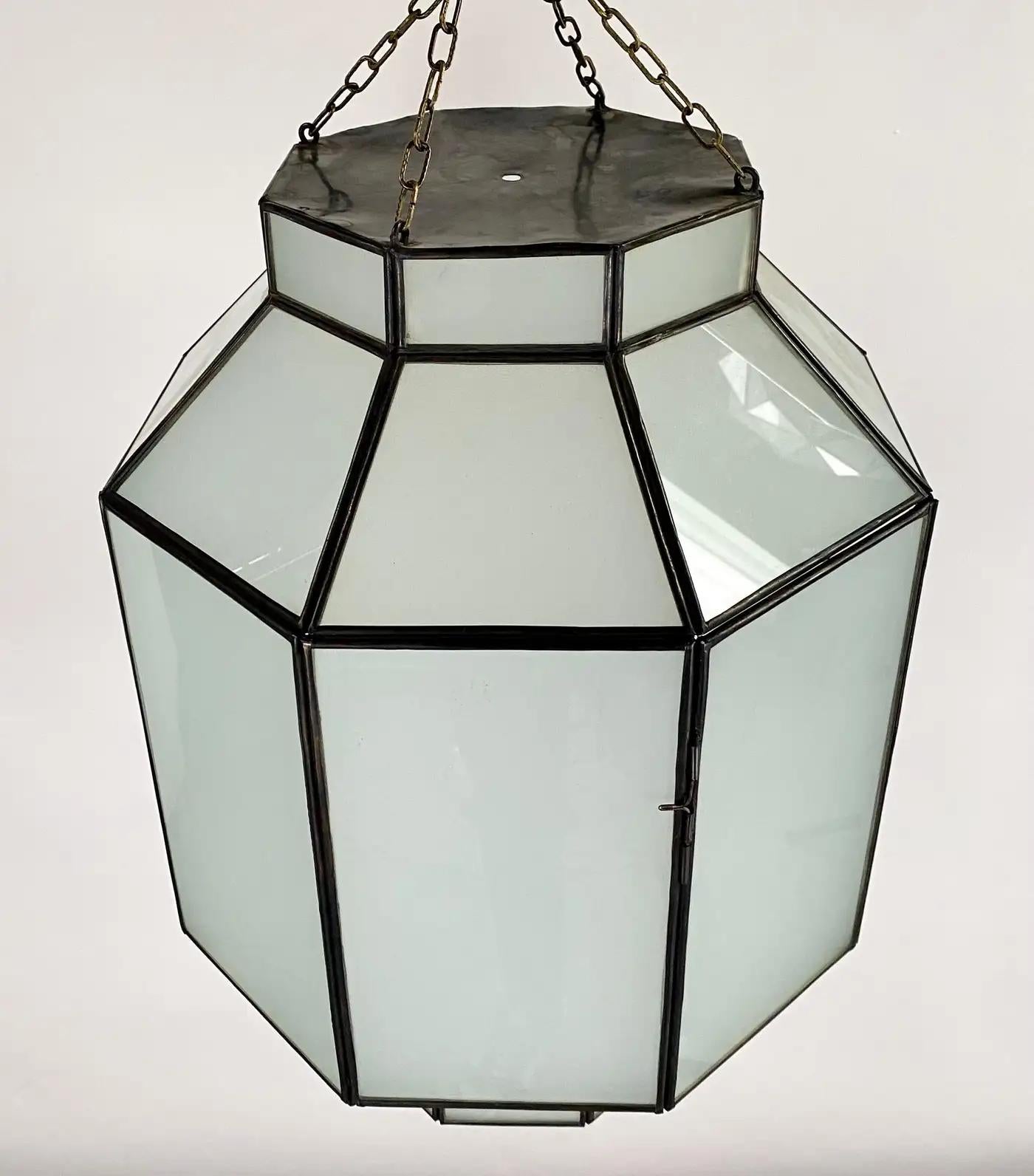 Art Deco Style White Milk Glass Octagon Shaped Chandelier, Pendant or Lantern For Sale 4
