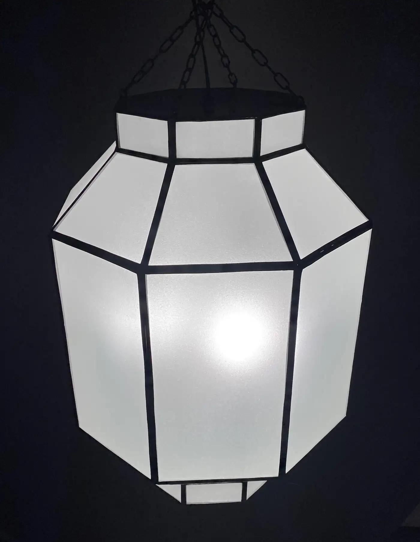 Art Deco Style White Milk Glass Octagon Shaped Chandelier, Pendant or Lantern For Sale 10