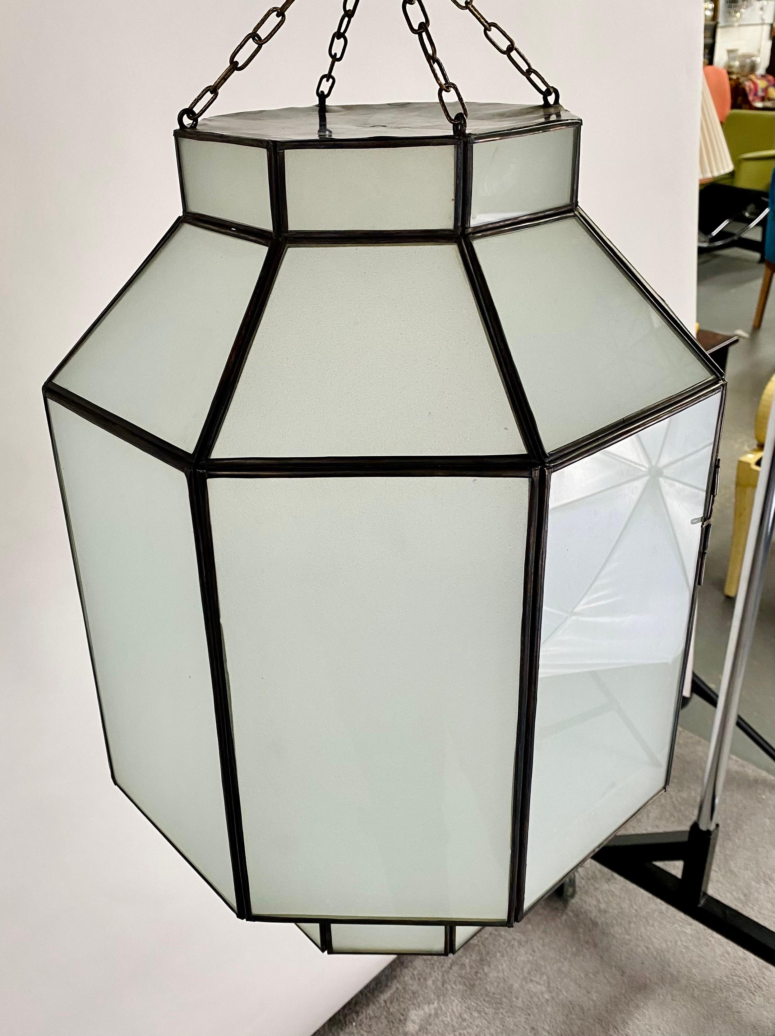 Hand-Crafted Art Deco Style White Milk Glass Octagon Shaped Chandelier, Pendant or Lantern