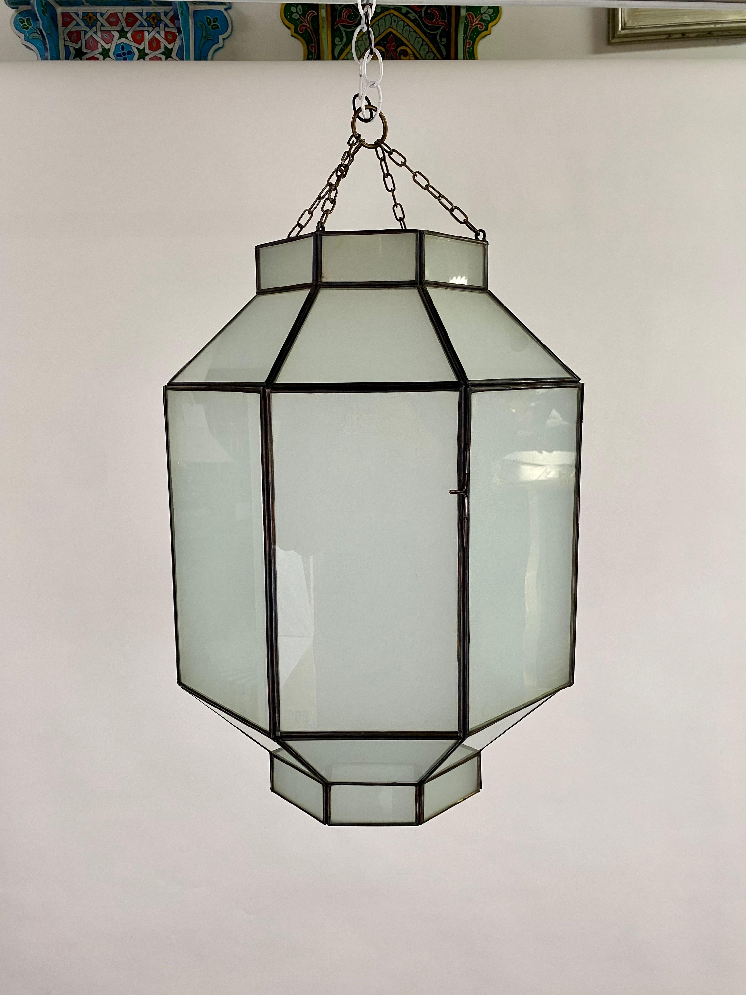 Art Deco Style White Milk Glass Octagon Shaped Chandelier, Pendant or Lantern In Good Condition In Plainview, NY