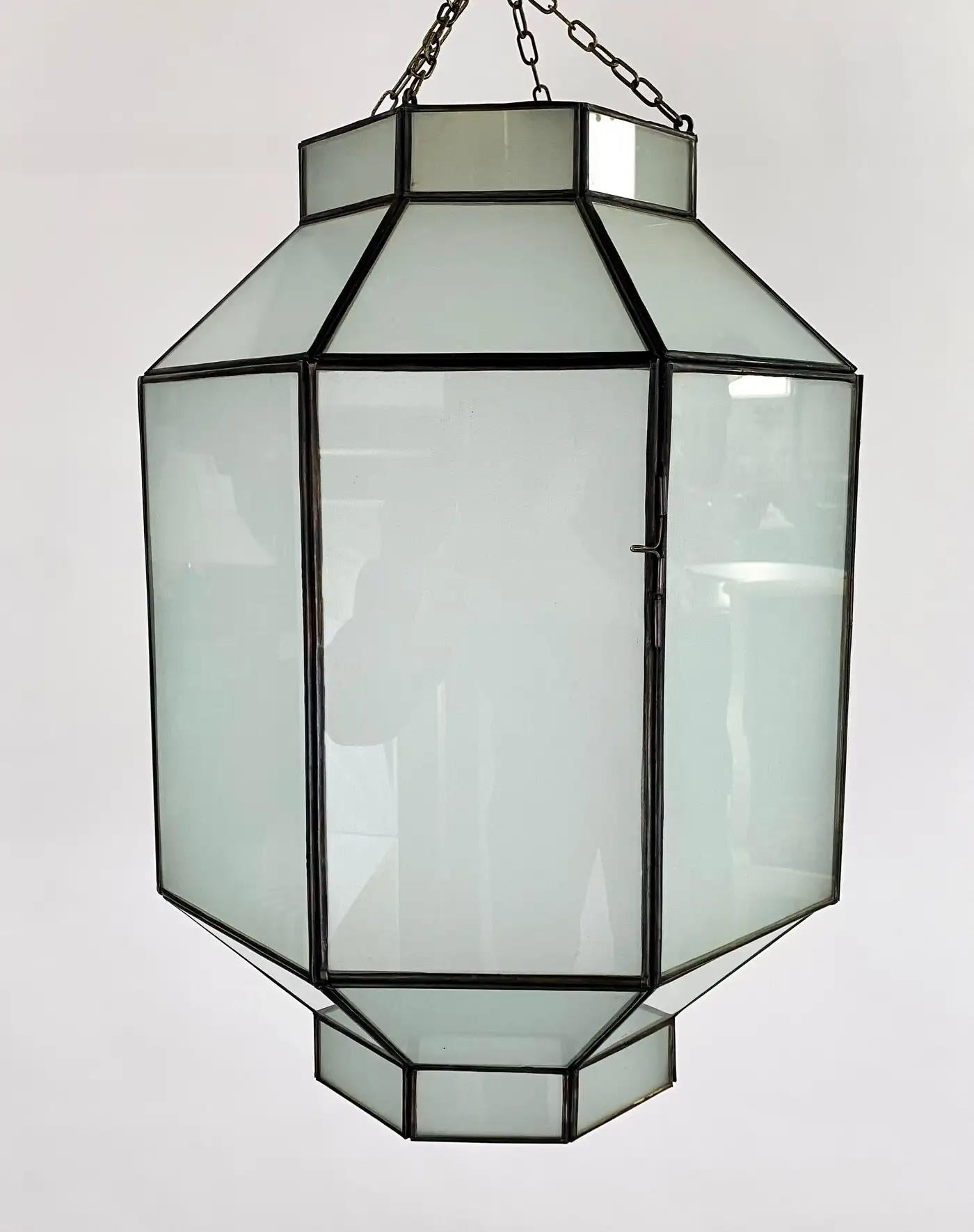 Art Deco Style White Milk Glass Octagon Shaped Chandelier, Pendant or Lantern In Good Condition For Sale In Plainview, NY
