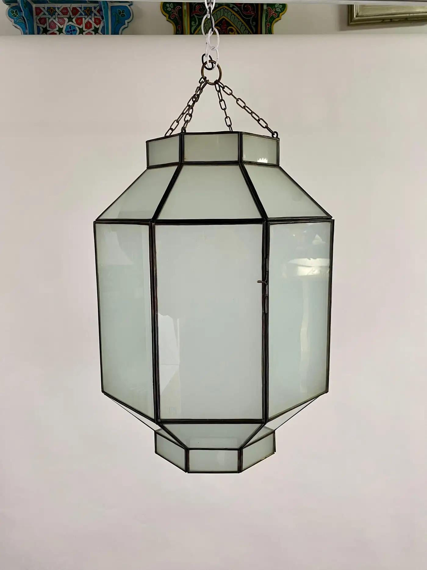 Bronze Art Deco Style White Milk Glass Octagon Shaped Chandelier, Pendant or Lantern For Sale
