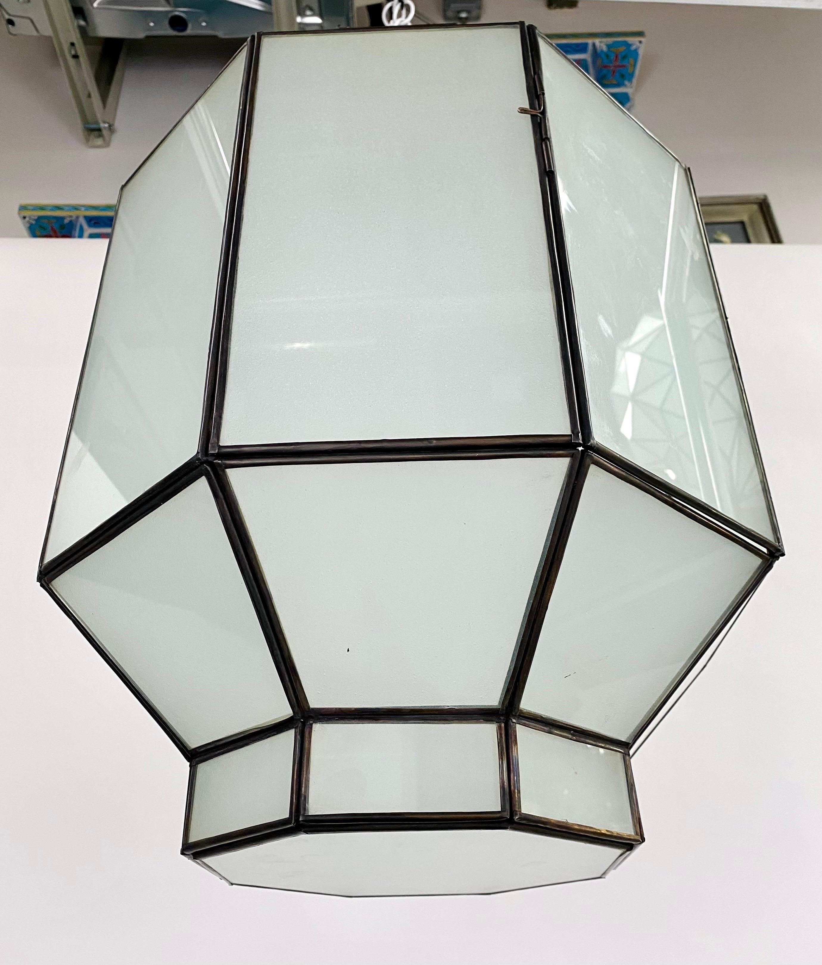 Art Deco Style White Milk Glass Octagon Shaped Chandelier, Pendant or Lantern 2