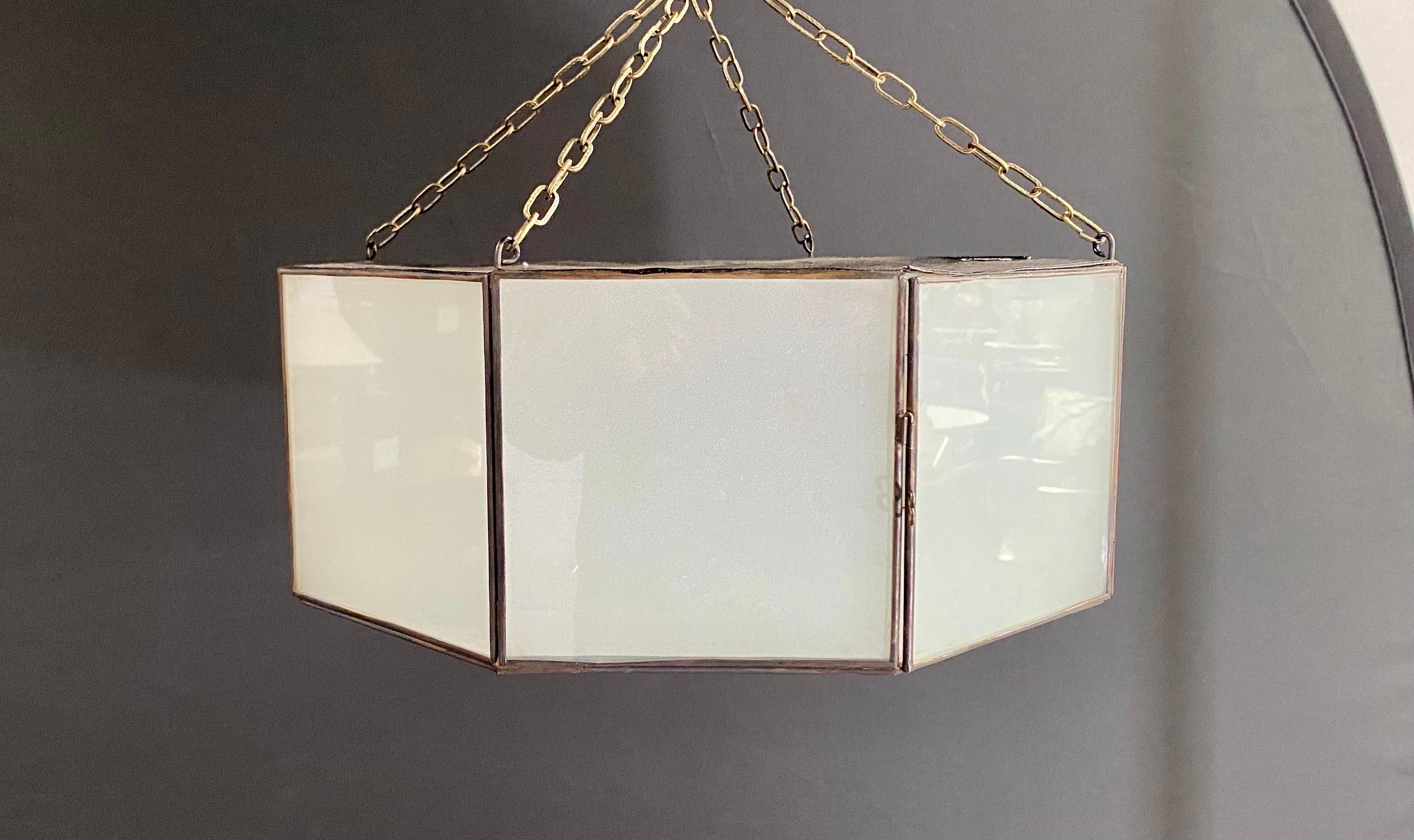 Bronze Art Deco Style White Milk Glass Octagon Shaped Pendant or Flush Mount, a Pair  For Sale