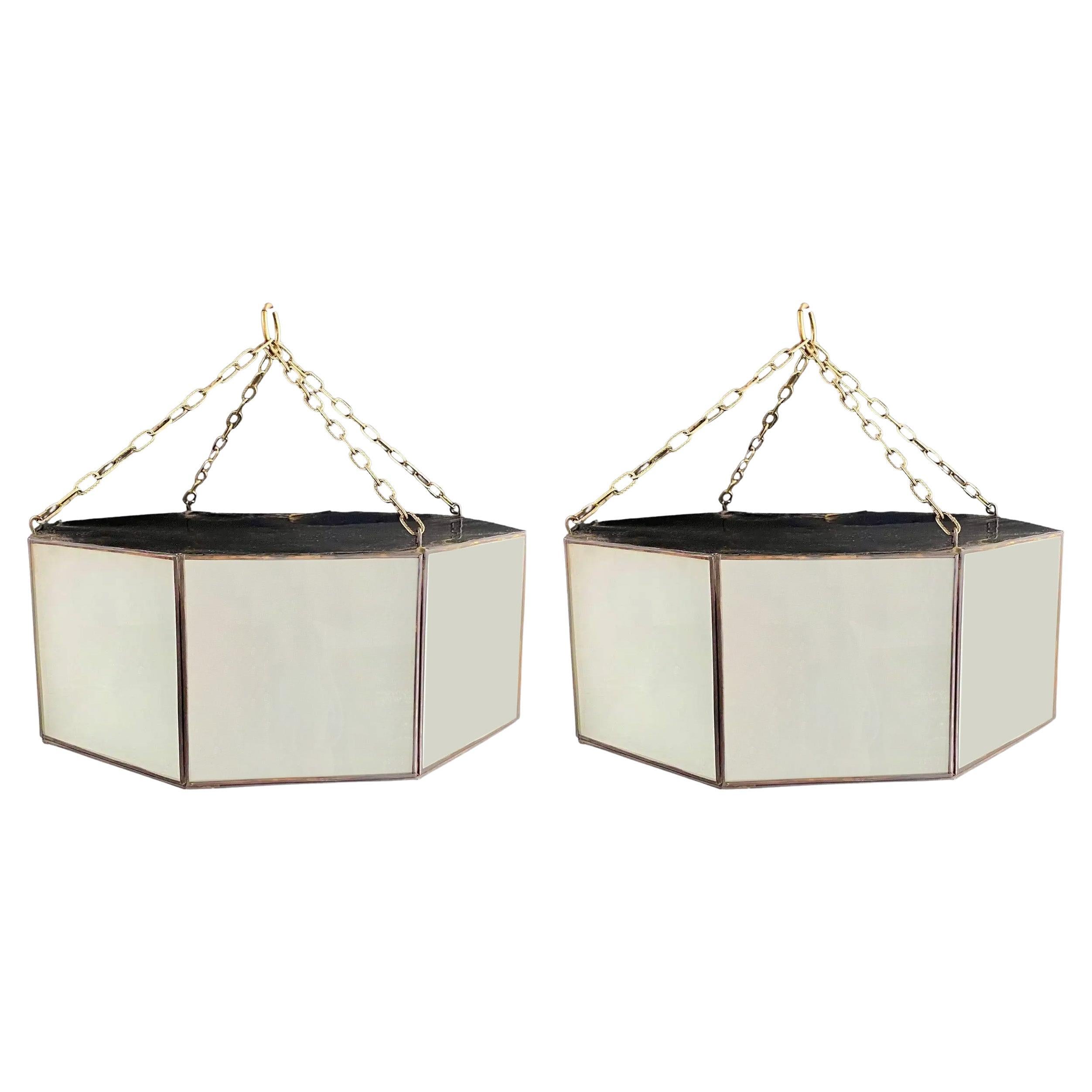 Art Deco Style White Milk Glass Octagon Shaped Pendant or Flush Mount, a Pair  For Sale