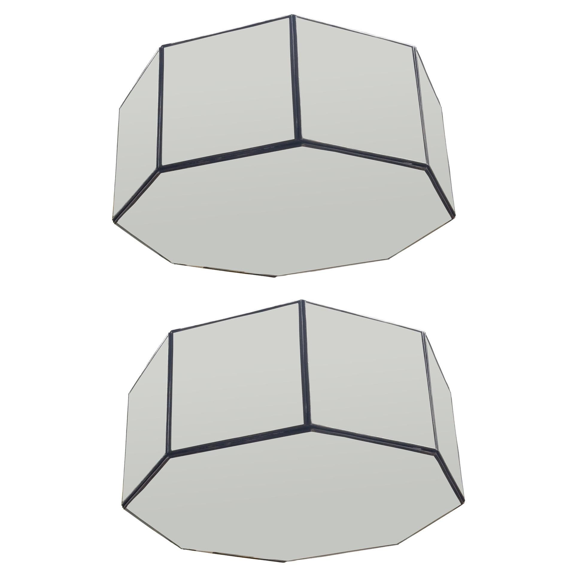 Art Deco Style White Milk Glass Octagon Shaped Pendant or Flush Mount, a Pair