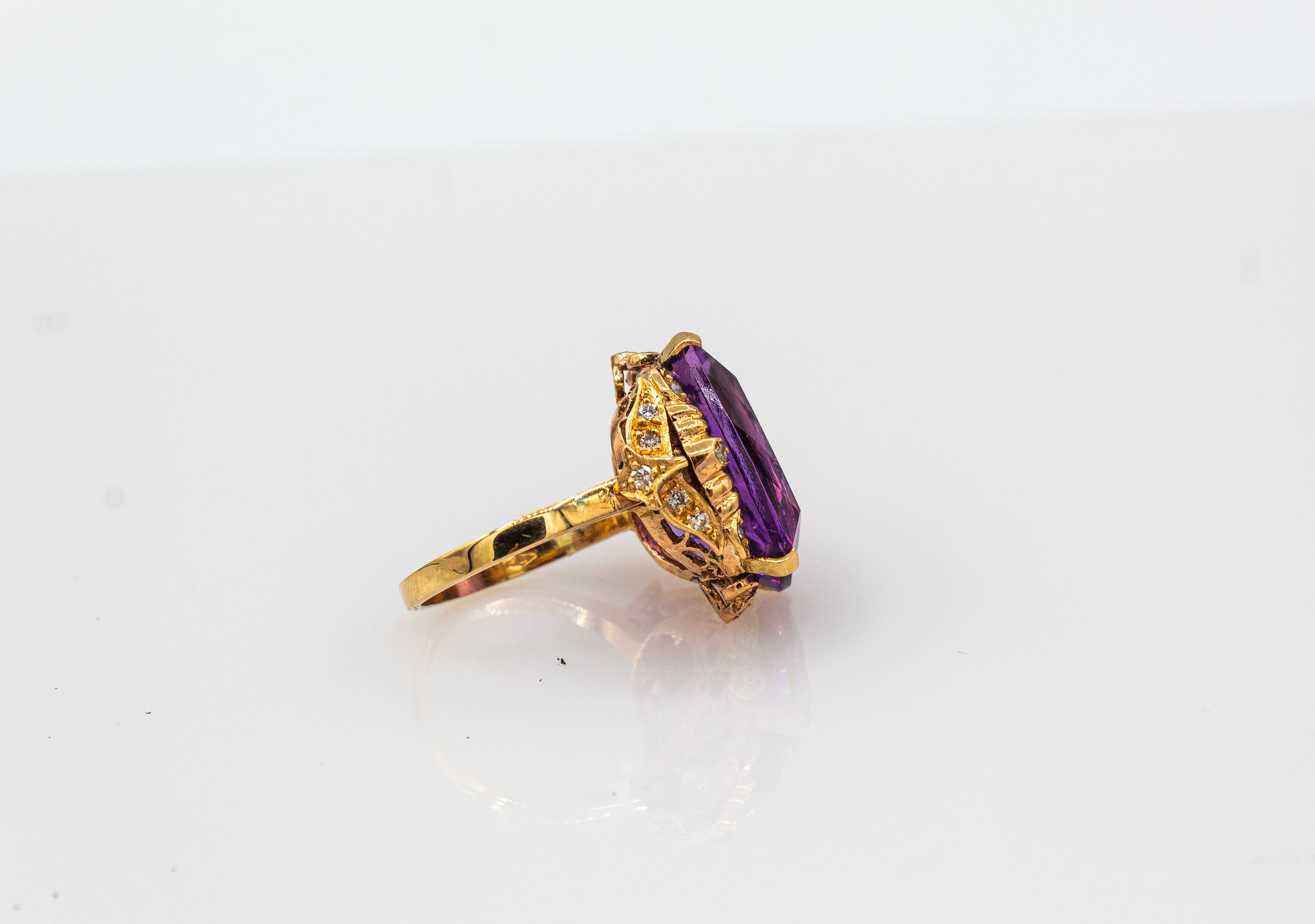 Art Deco Style White Modern Round Cut Diamond Amethyst Yellow Gold Cocktail Ring For Sale 7