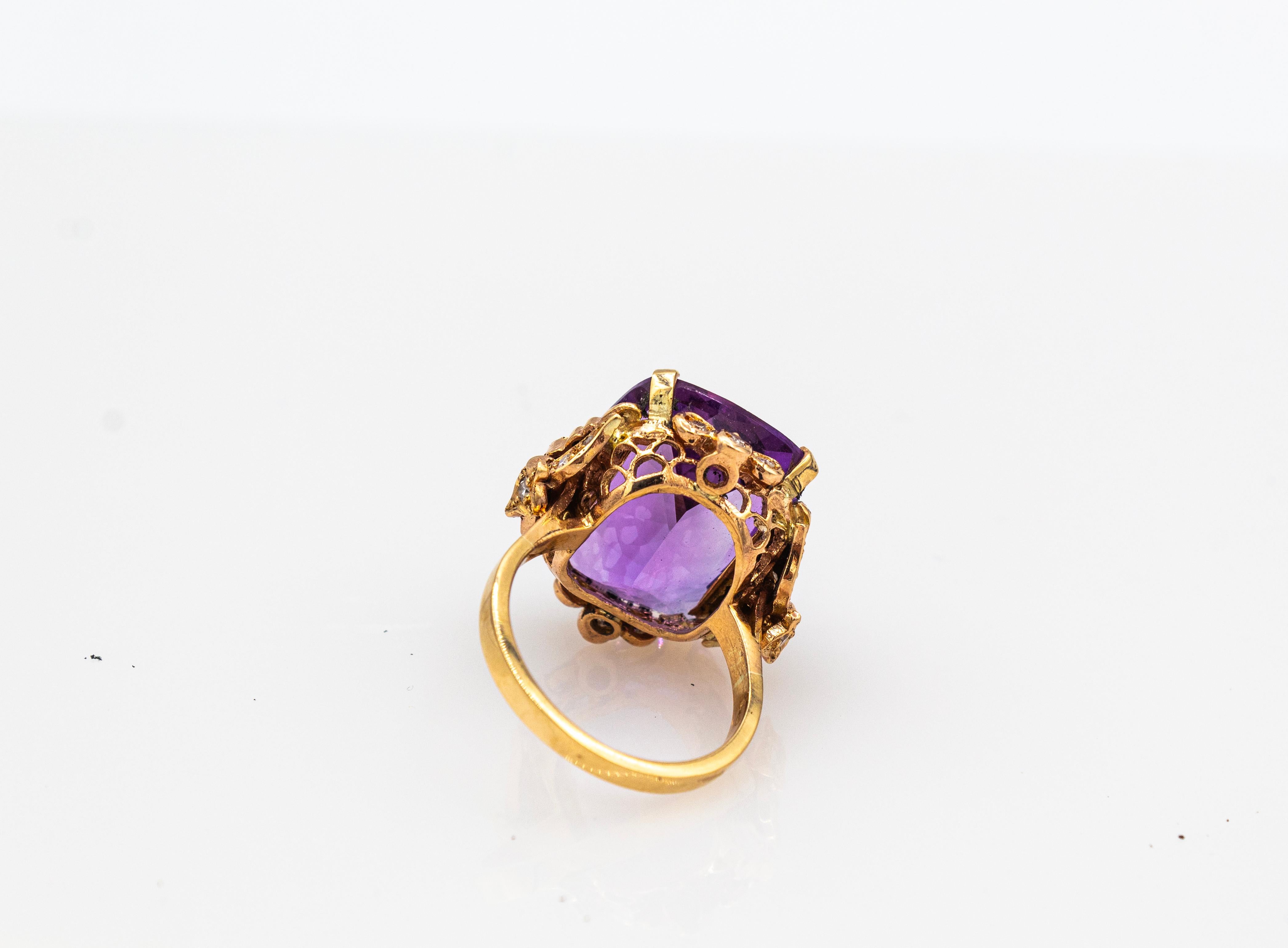 Art Deco Style White Modern Round Cut Diamond Amethyst Yellow Gold Cocktail Ring For Sale 8