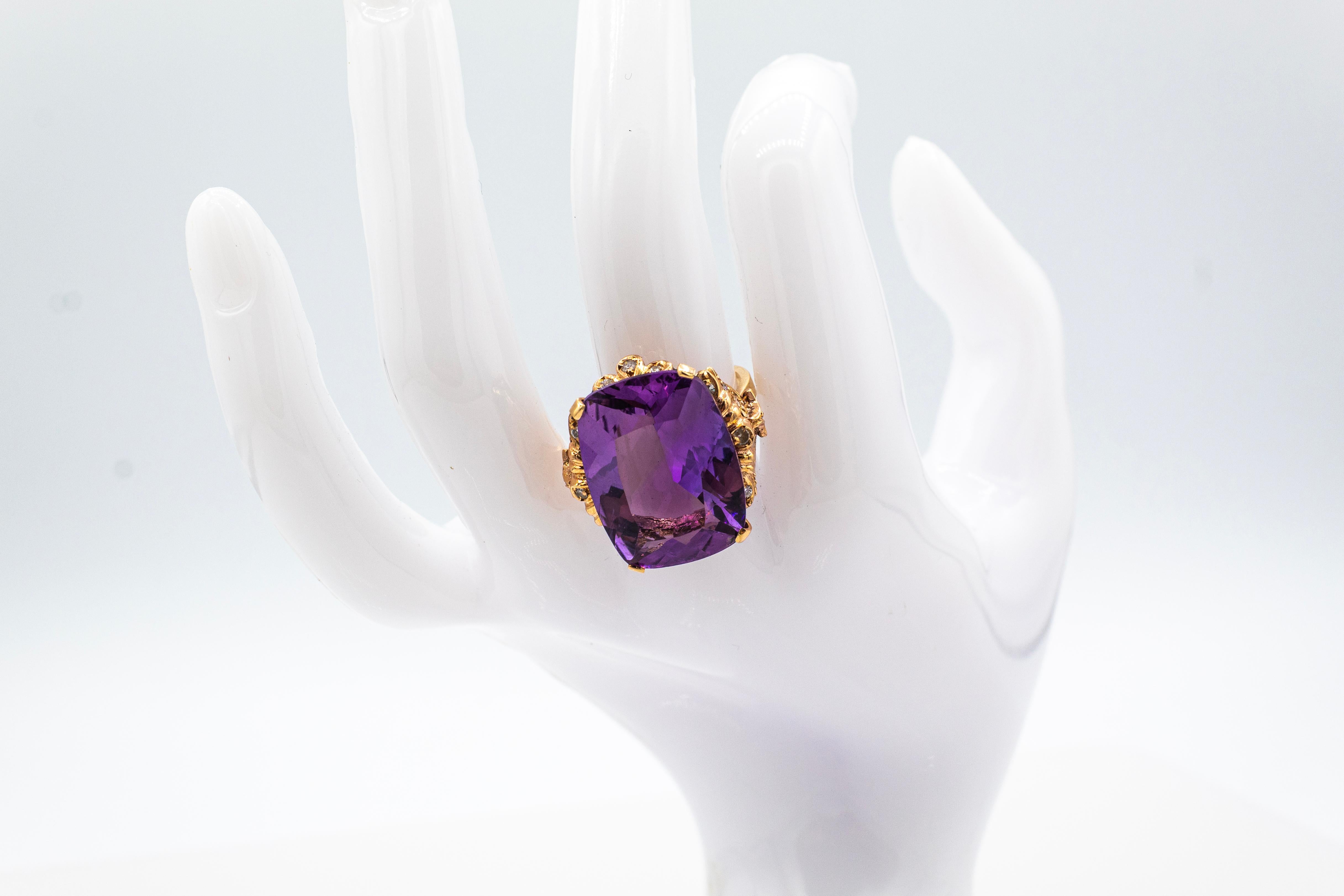 Art Deco Style White Modern Round Cut Diamond Amethyst Yellow Gold Cocktail Ring For Sale 10