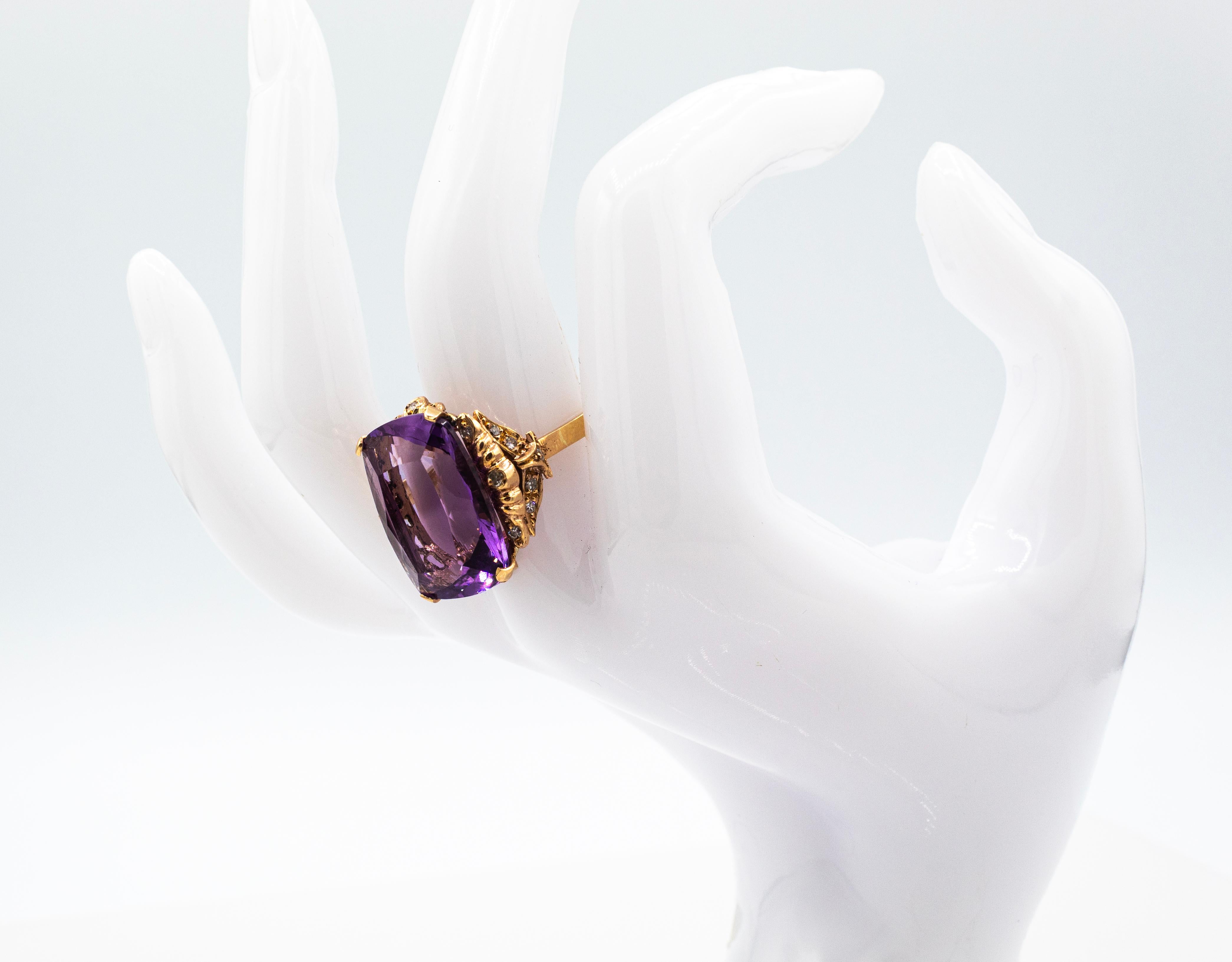 Art Deco Style White Modern Round Cut Diamond Amethyst Yellow Gold Cocktail Ring For Sale 11