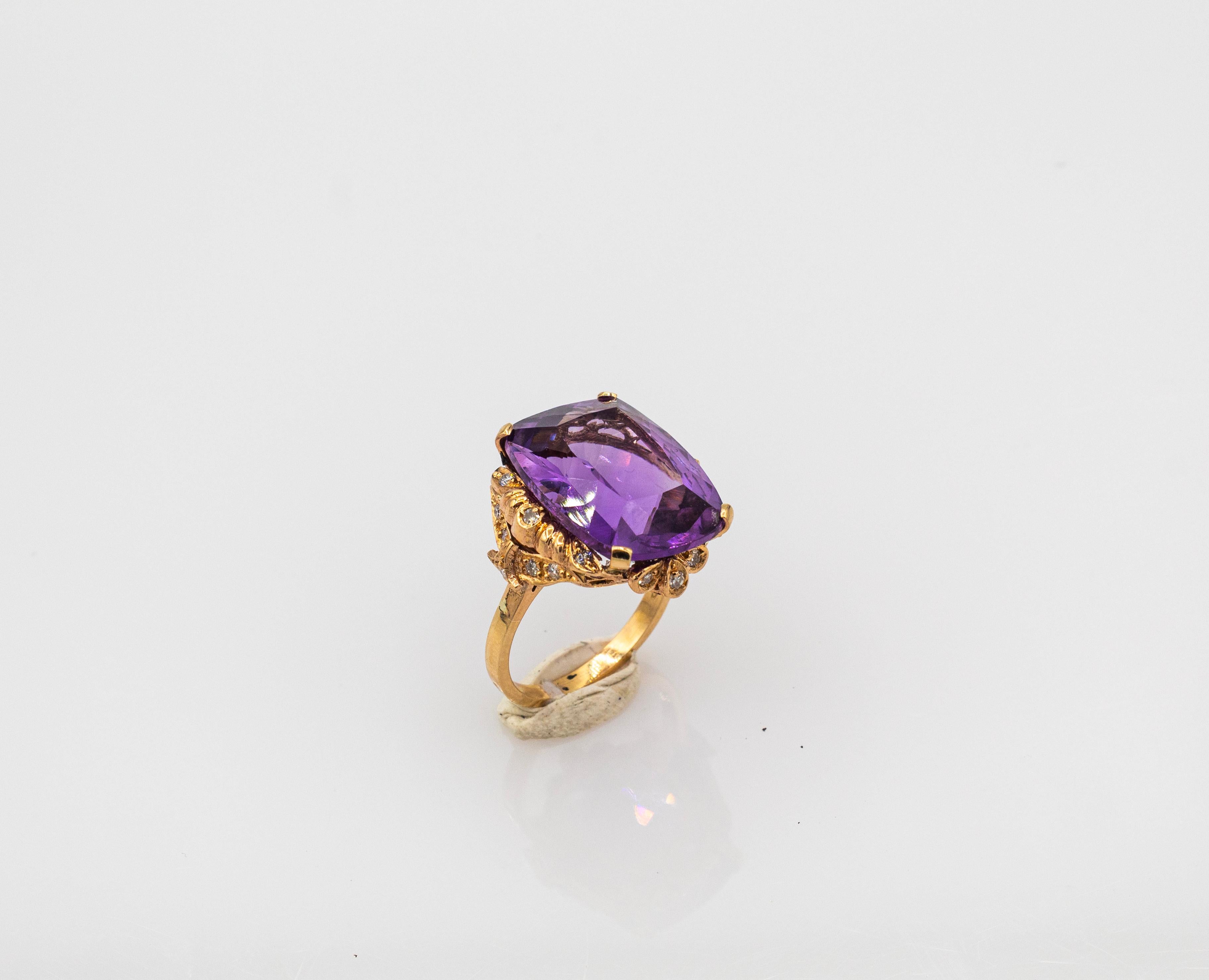 Art Deco Style White Modern Round Cut Diamond Amethyst Yellow Gold Cocktail Ring In New Condition For Sale In Naples, IT