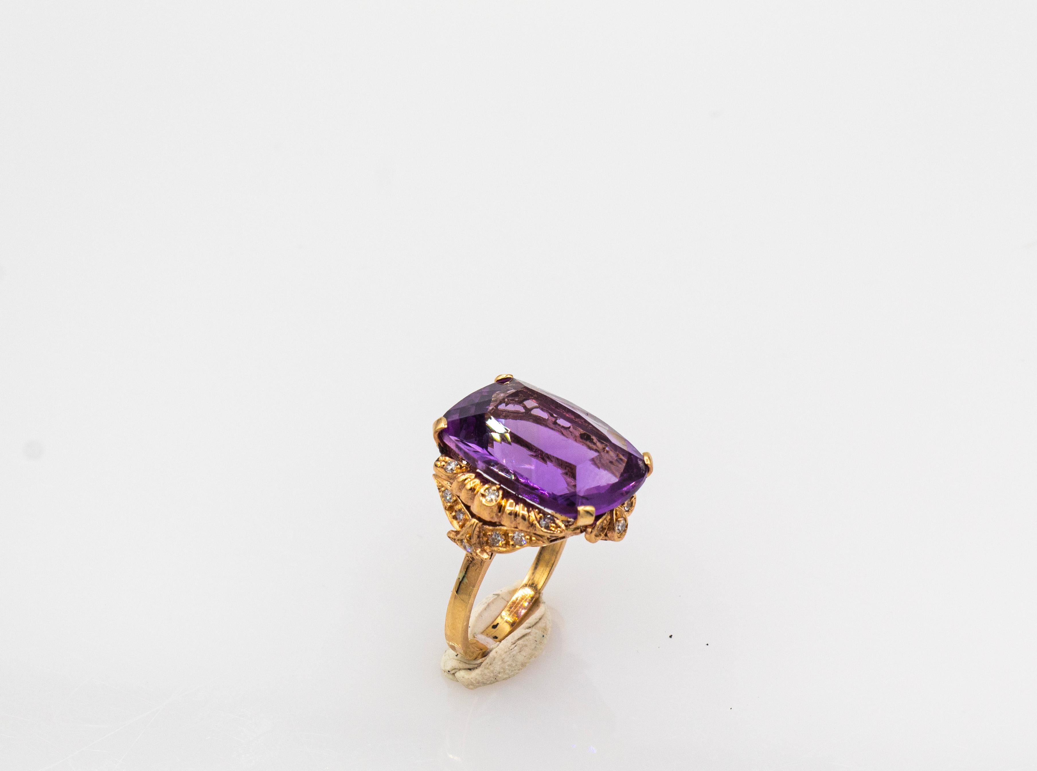 Women's or Men's Art Deco Style White Modern Round Cut Diamond Amethyst Yellow Gold Cocktail Ring For Sale