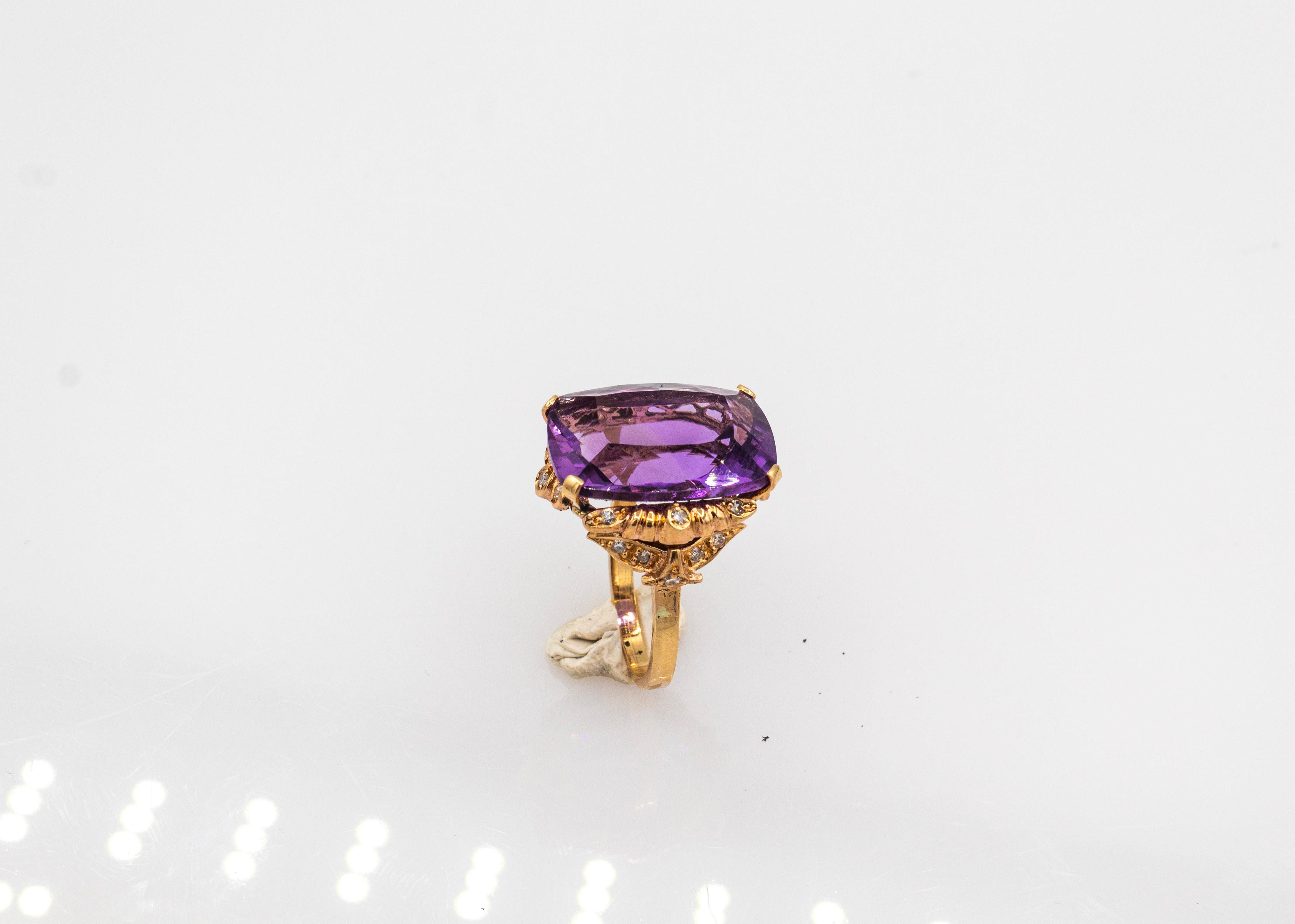 Art Deco Style White Modern Round Cut Diamond Amethyst Yellow Gold Cocktail Ring For Sale 1