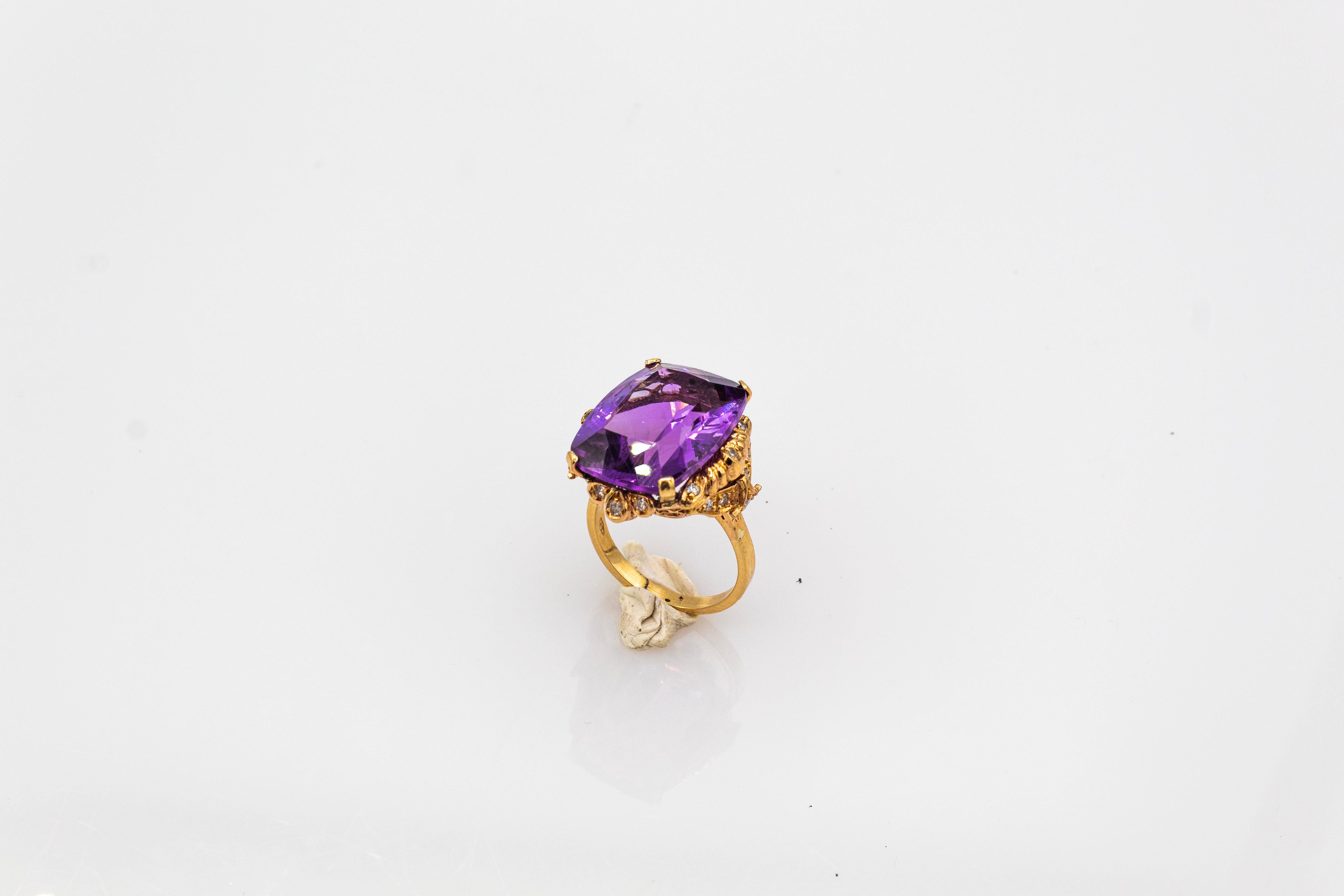 Art Deco Style White Modern Round Cut Diamond Amethyst Yellow Gold Cocktail Ring For Sale 2