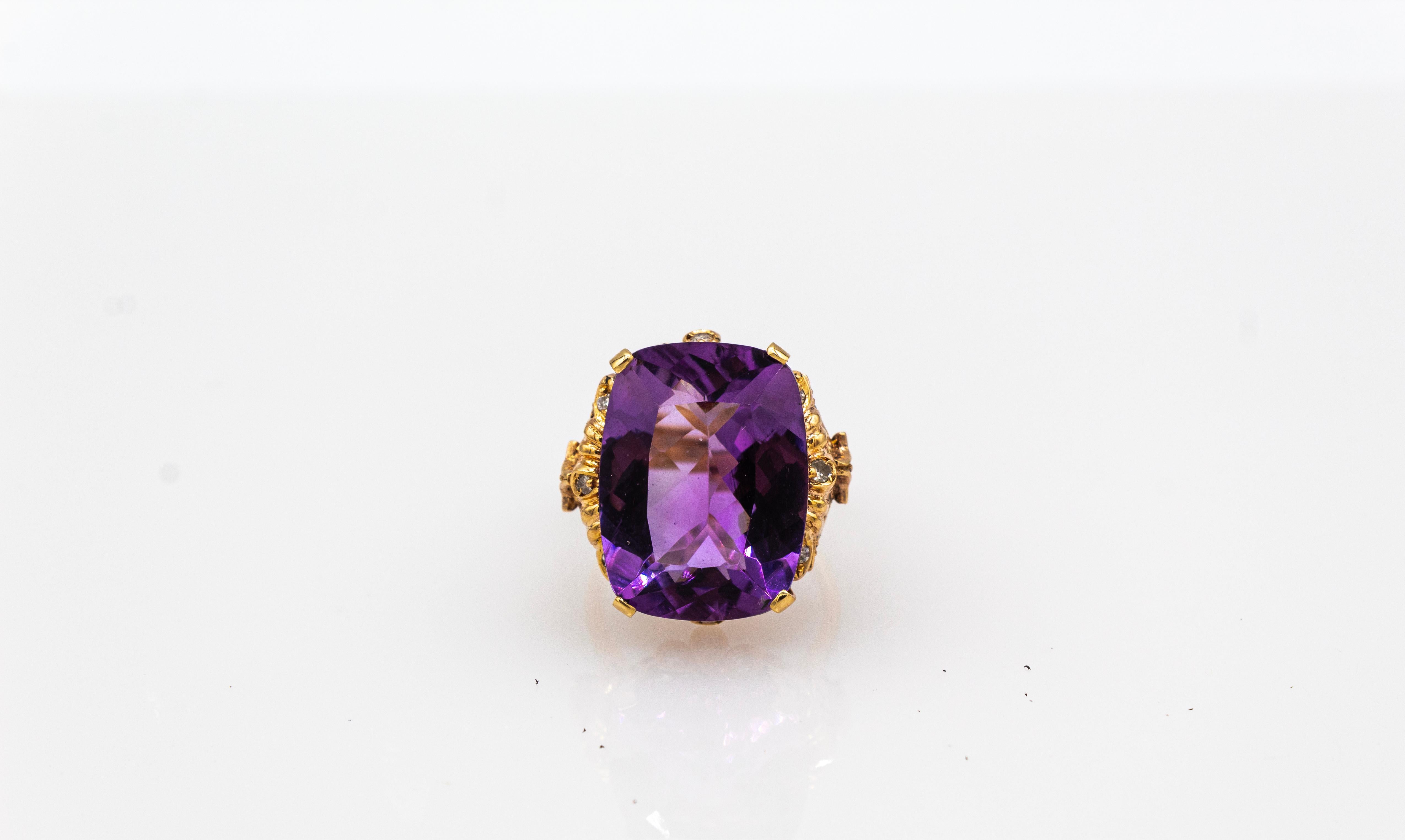 Art Deco Style White Modern Round Cut Diamond Amethyst Yellow Gold Cocktail Ring For Sale 5