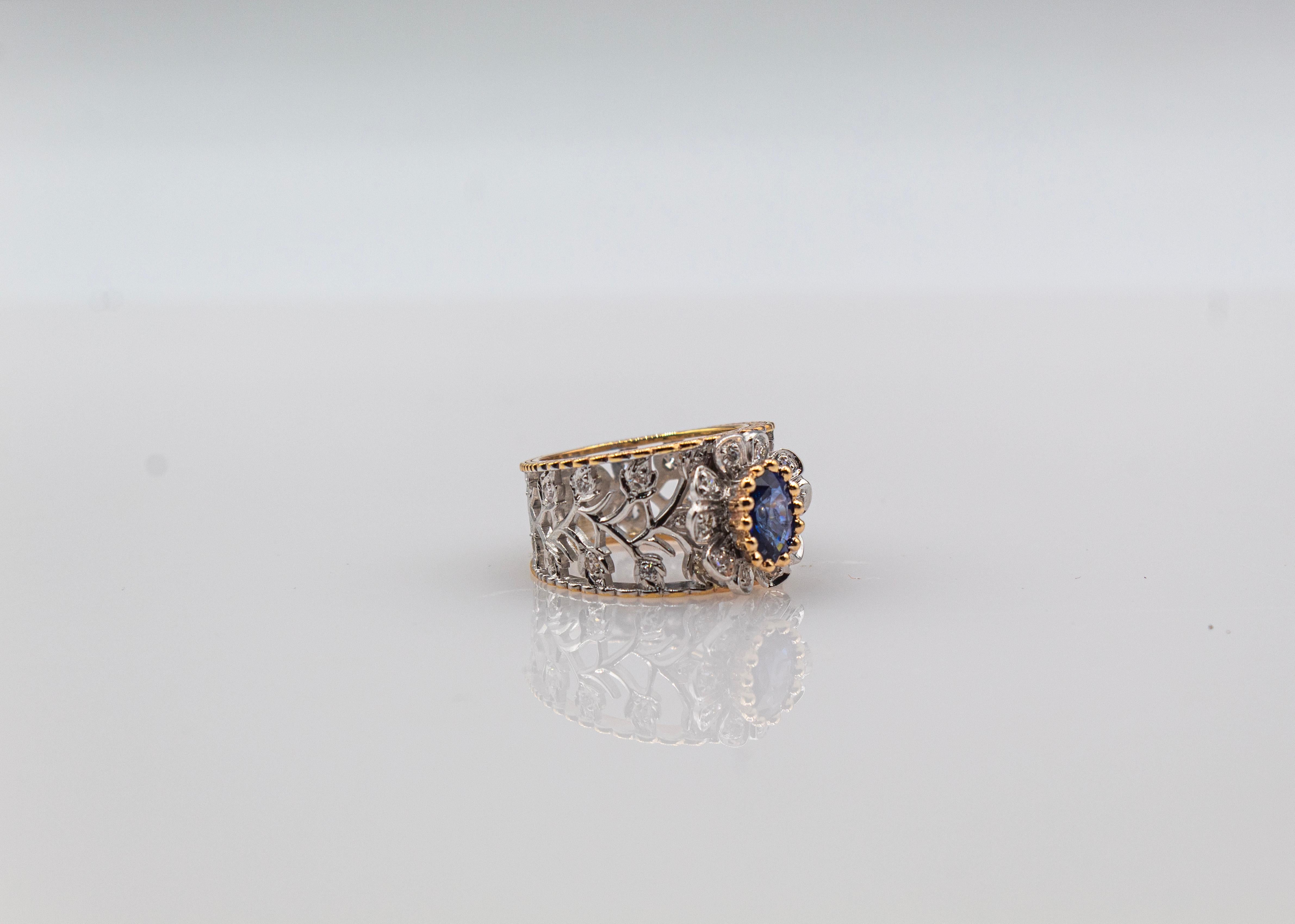 Gelbgoldring im Art-déco-Stil, weißer moderner Diamant im Rundschliff mit blauem Saphir und blauem Saphir im Angebot 5