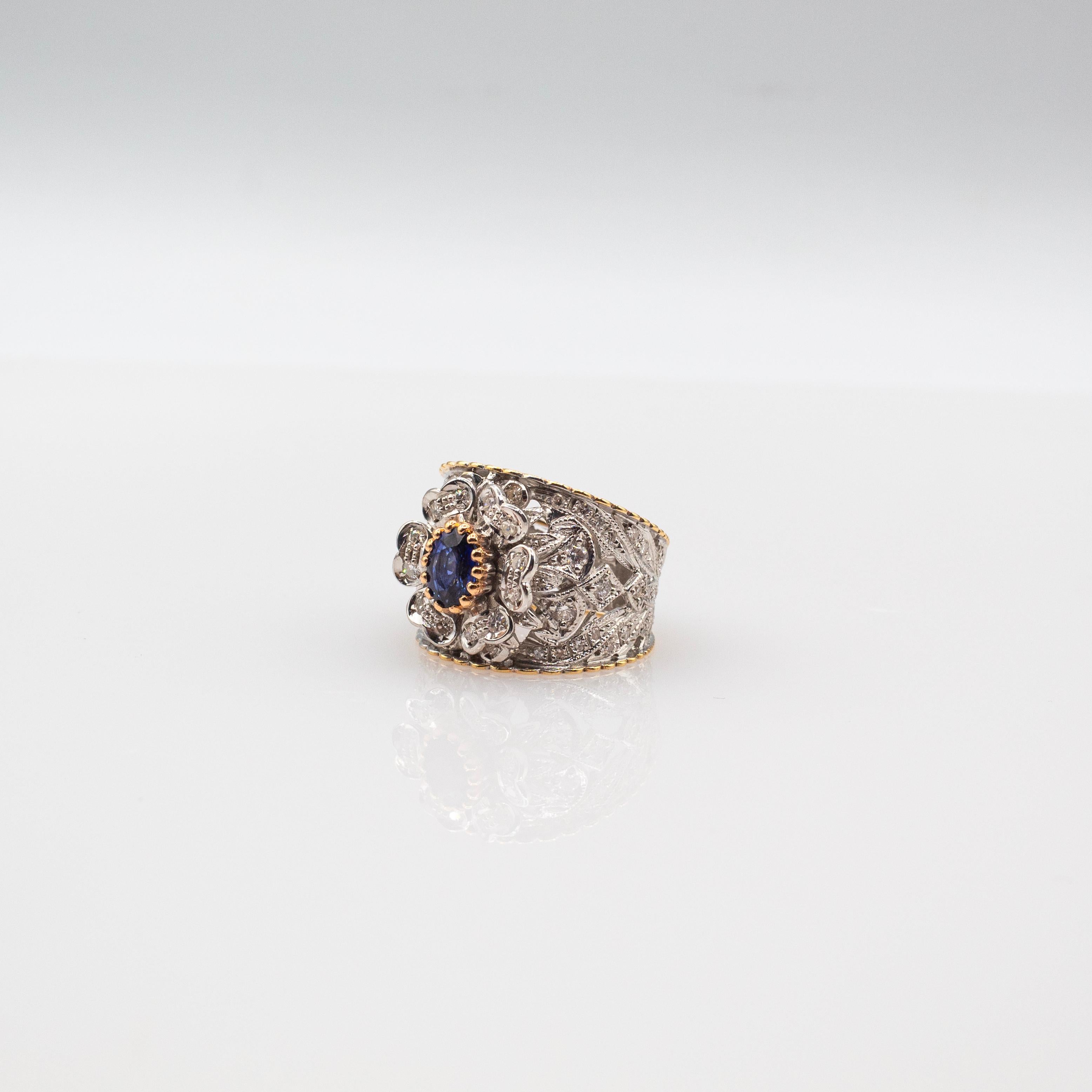 Art Deco Style White Modern Round Cut Diamond Blue Sapphire Yellow Gold Ring For Sale 6