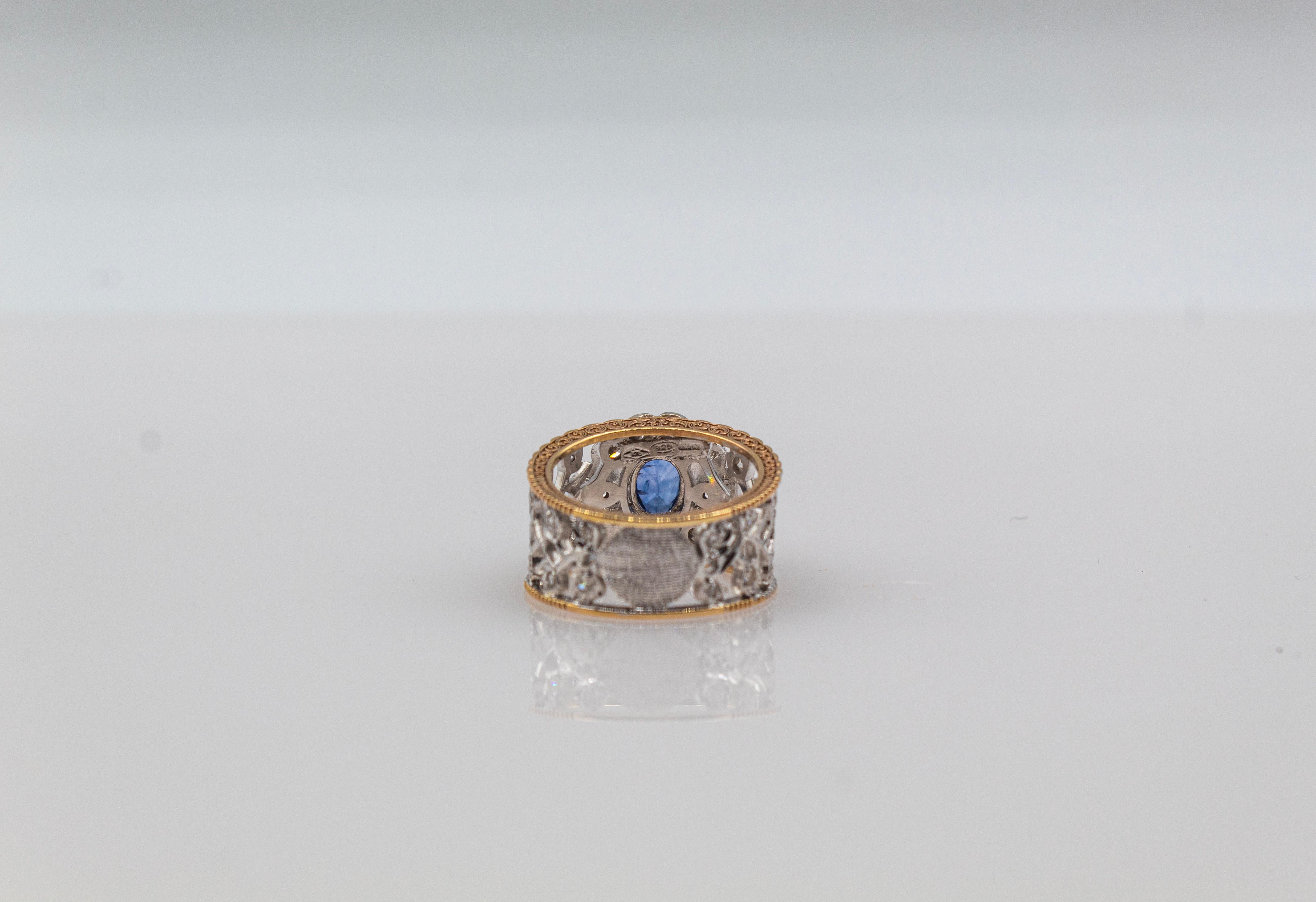 Gelbgoldring im Art-déco-Stil, weißer moderner Diamant im Rundschliff mit blauem Saphir und blauem Saphir im Angebot 6