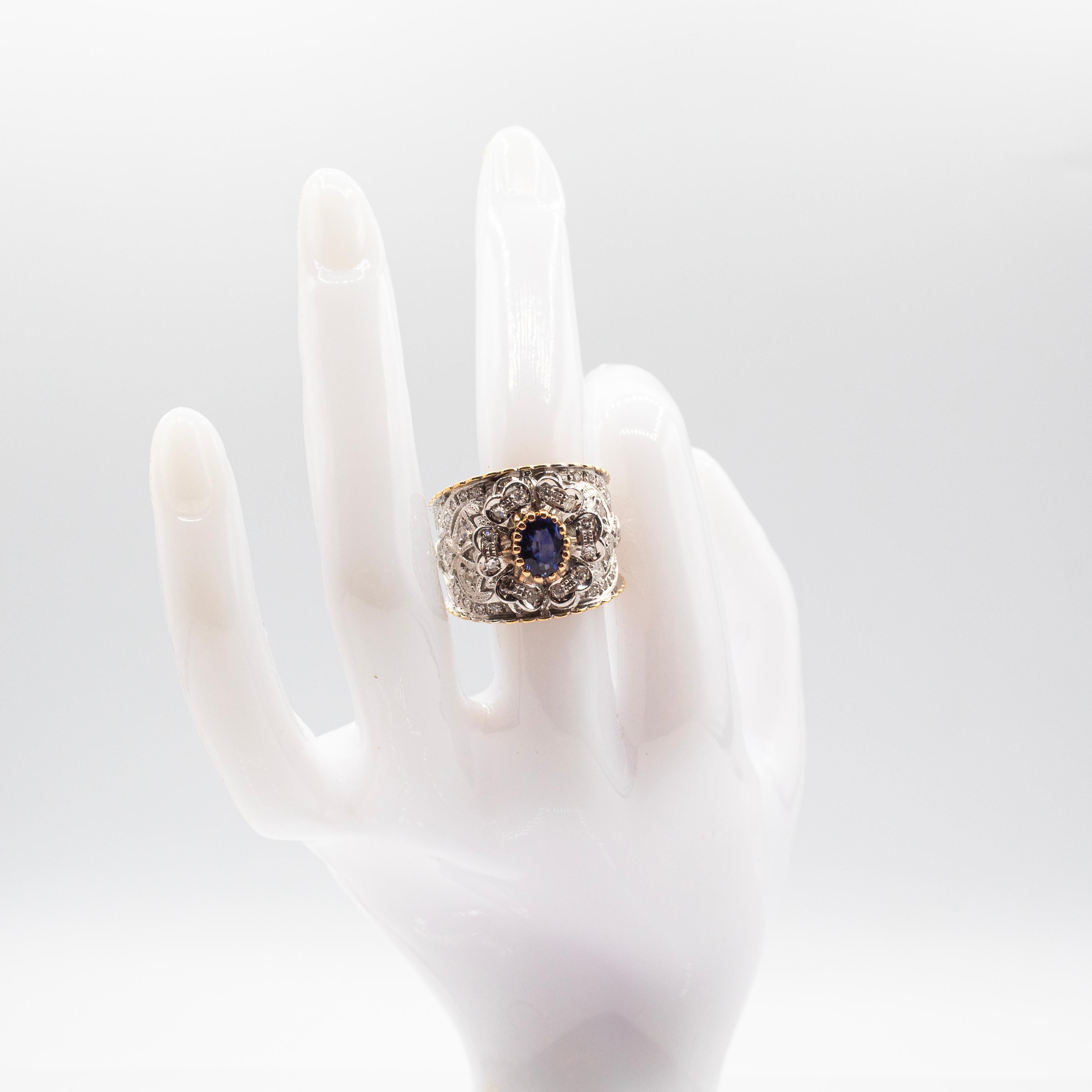 Art Deco Style White Modern Round Cut Diamond Blue Sapphire Yellow Gold Ring For Sale 7