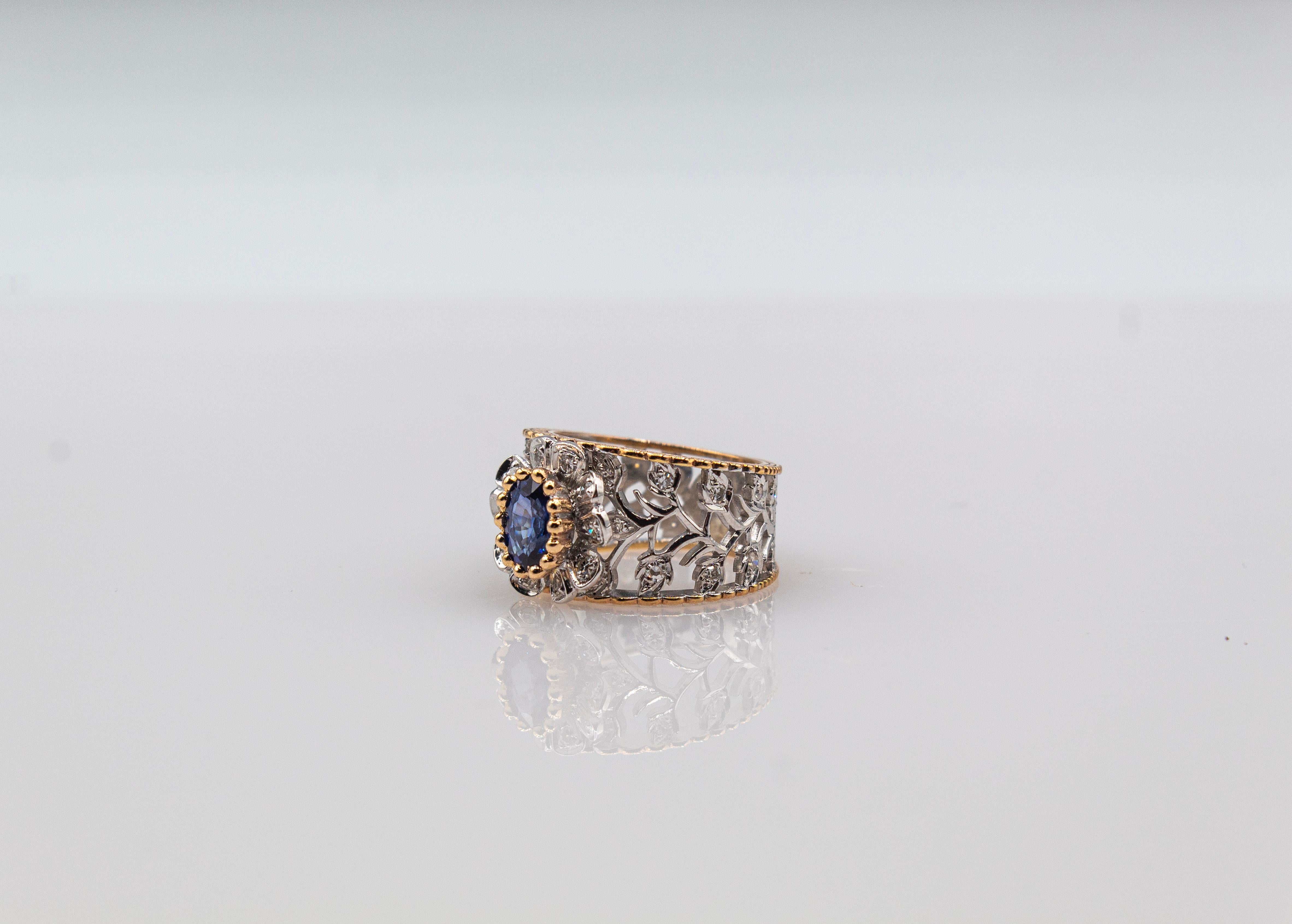 Gelbgoldring im Art-déco-Stil, weißer moderner Diamant im Rundschliff mit blauem Saphir und blauem Saphir im Angebot 7