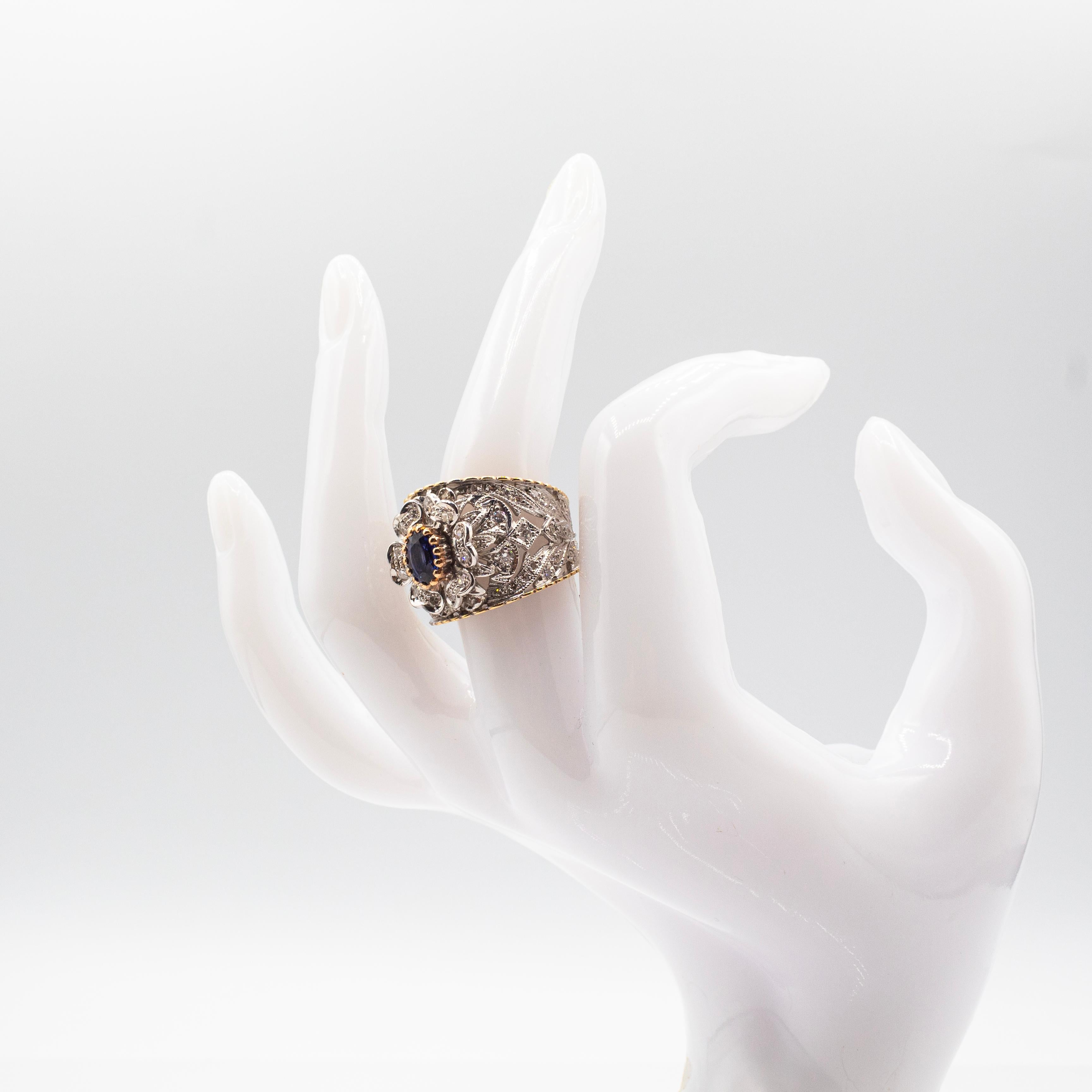 Art Deco Style White Modern Round Cut Diamond Blue Sapphire Yellow Gold Ring For Sale 8