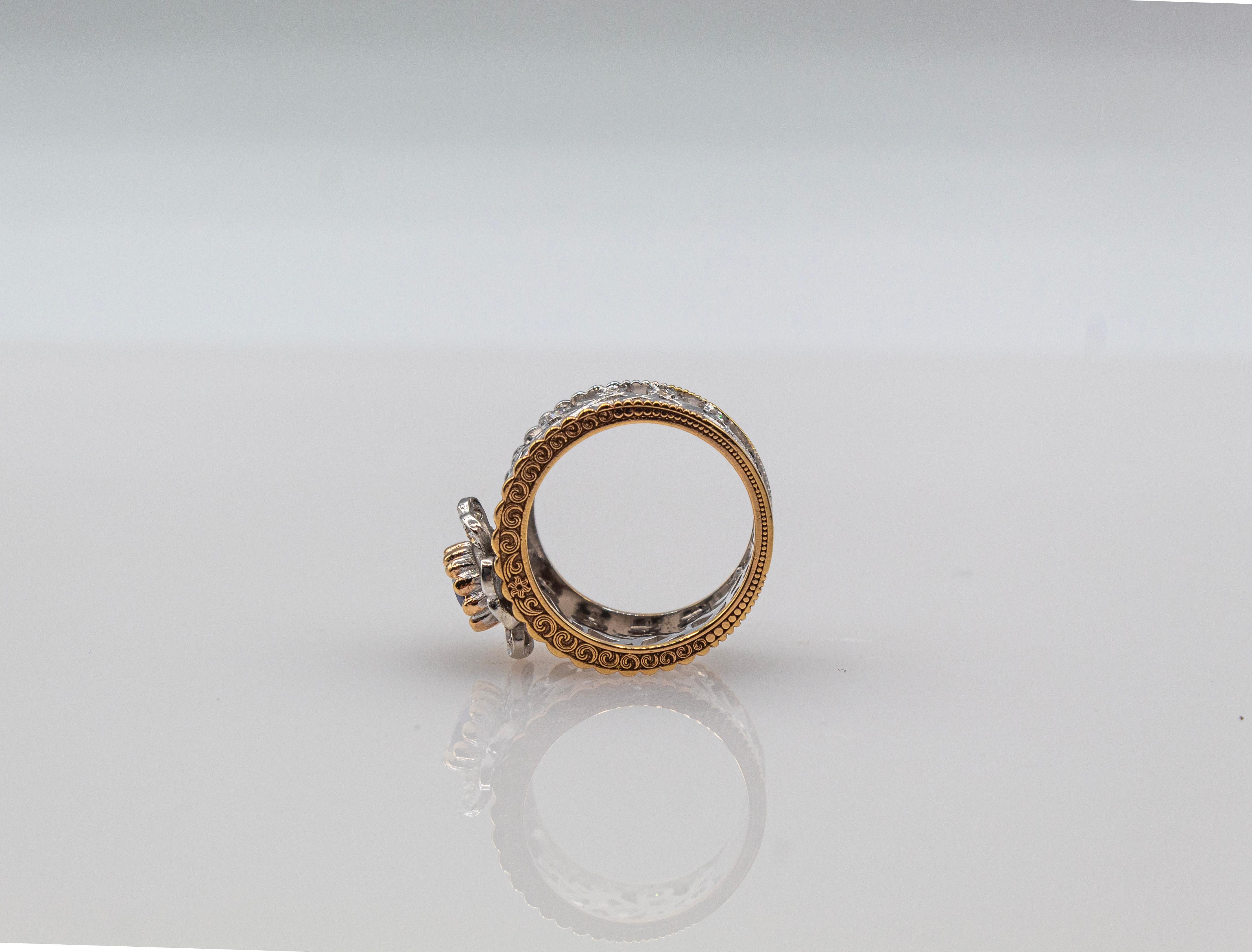 Art Deco Style White Modern Round Cut Diamond Blue Sapphire Yellow Gold Ring 9