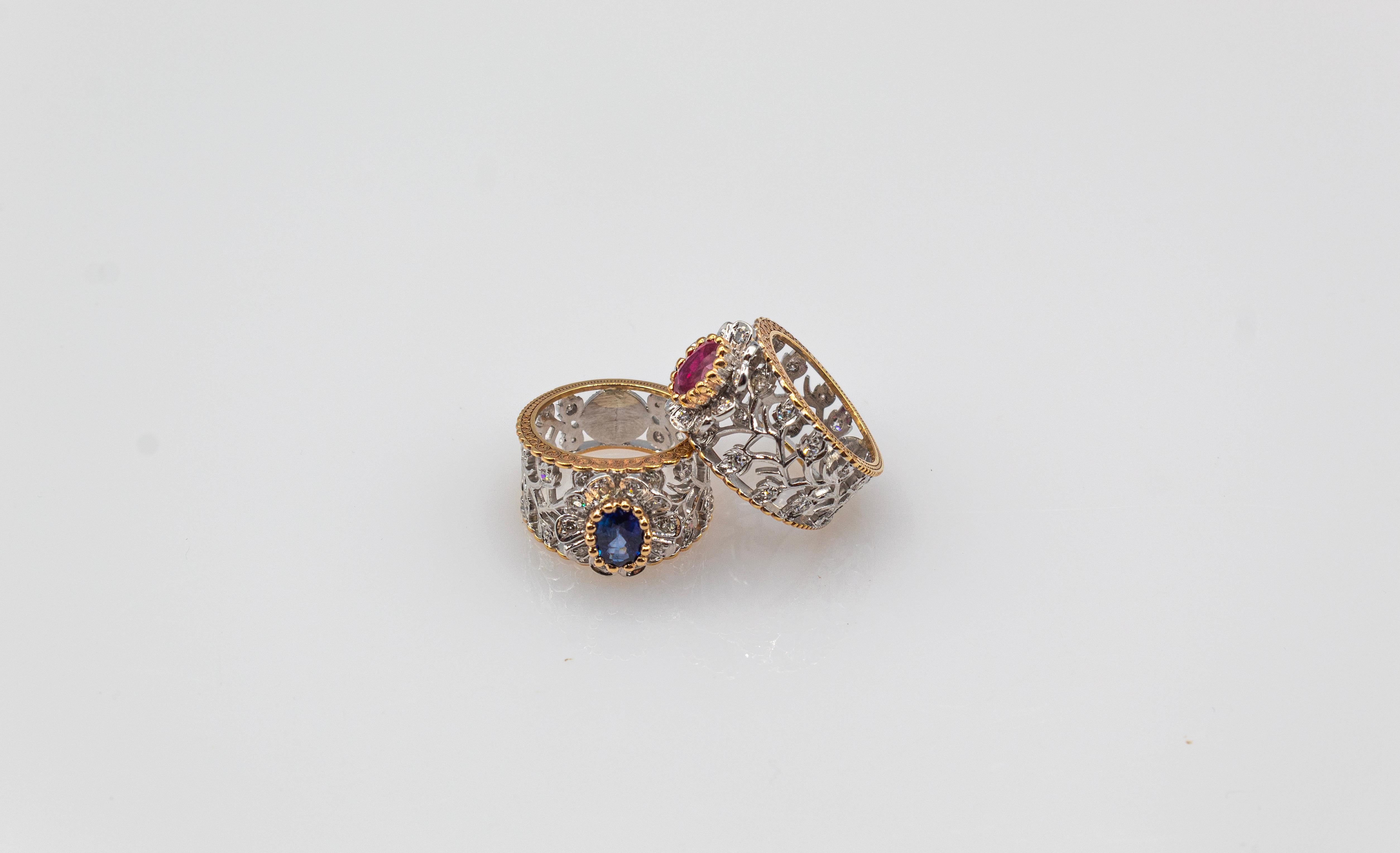 Gelbgoldring im Art-déco-Stil, weißer moderner Diamant im Rundschliff mit blauem Saphir und blauem Saphir im Angebot 12