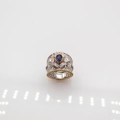 Art Deco Style White Modern Round Cut Diamond Blue Sapphire Yellow Gold Ring