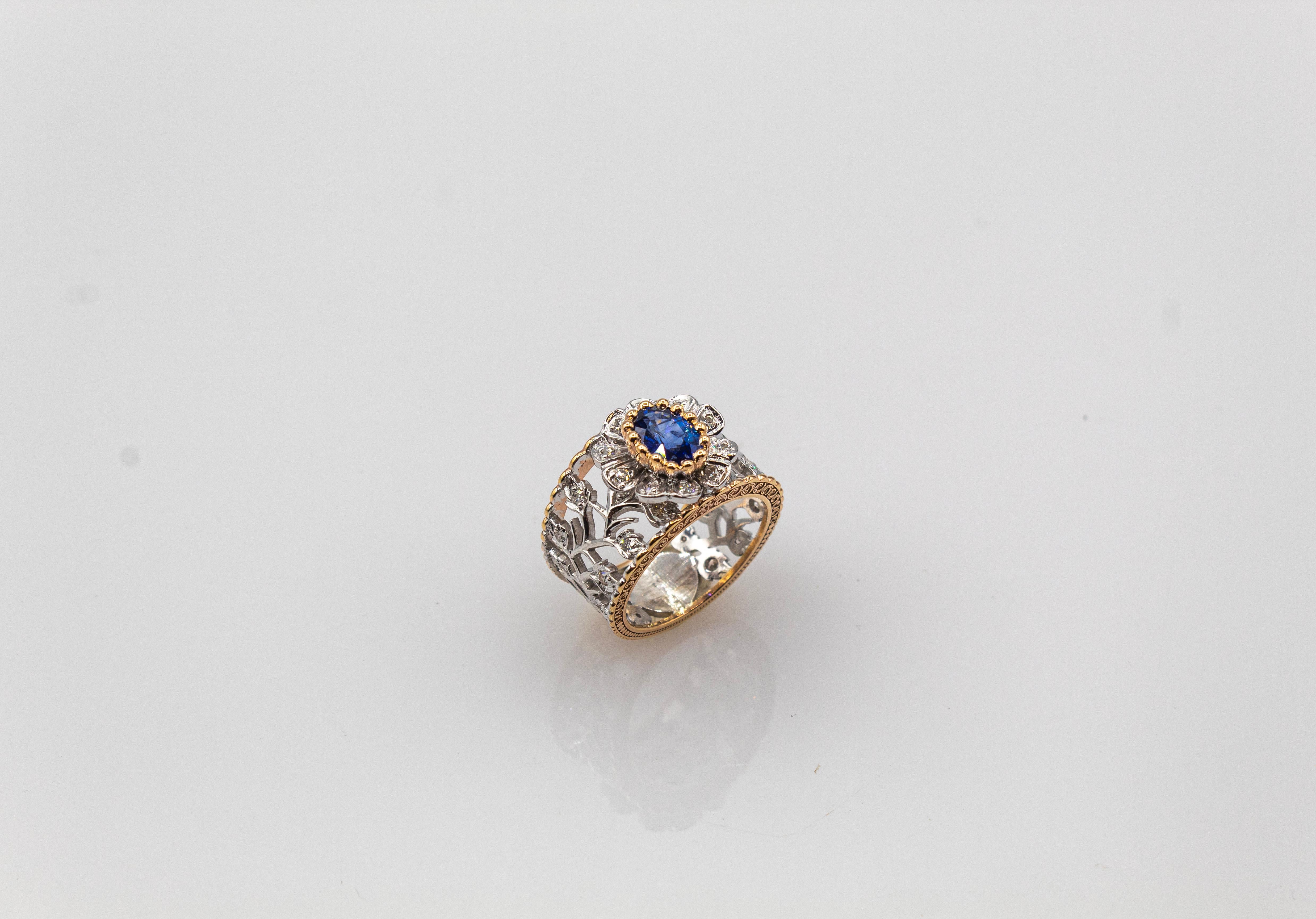 Gelbgoldring im Art-déco-Stil, weißer moderner Diamant im Rundschliff mit blauem Saphir und blauem Saphir im Zustand „Neu“ im Angebot in Naples, IT