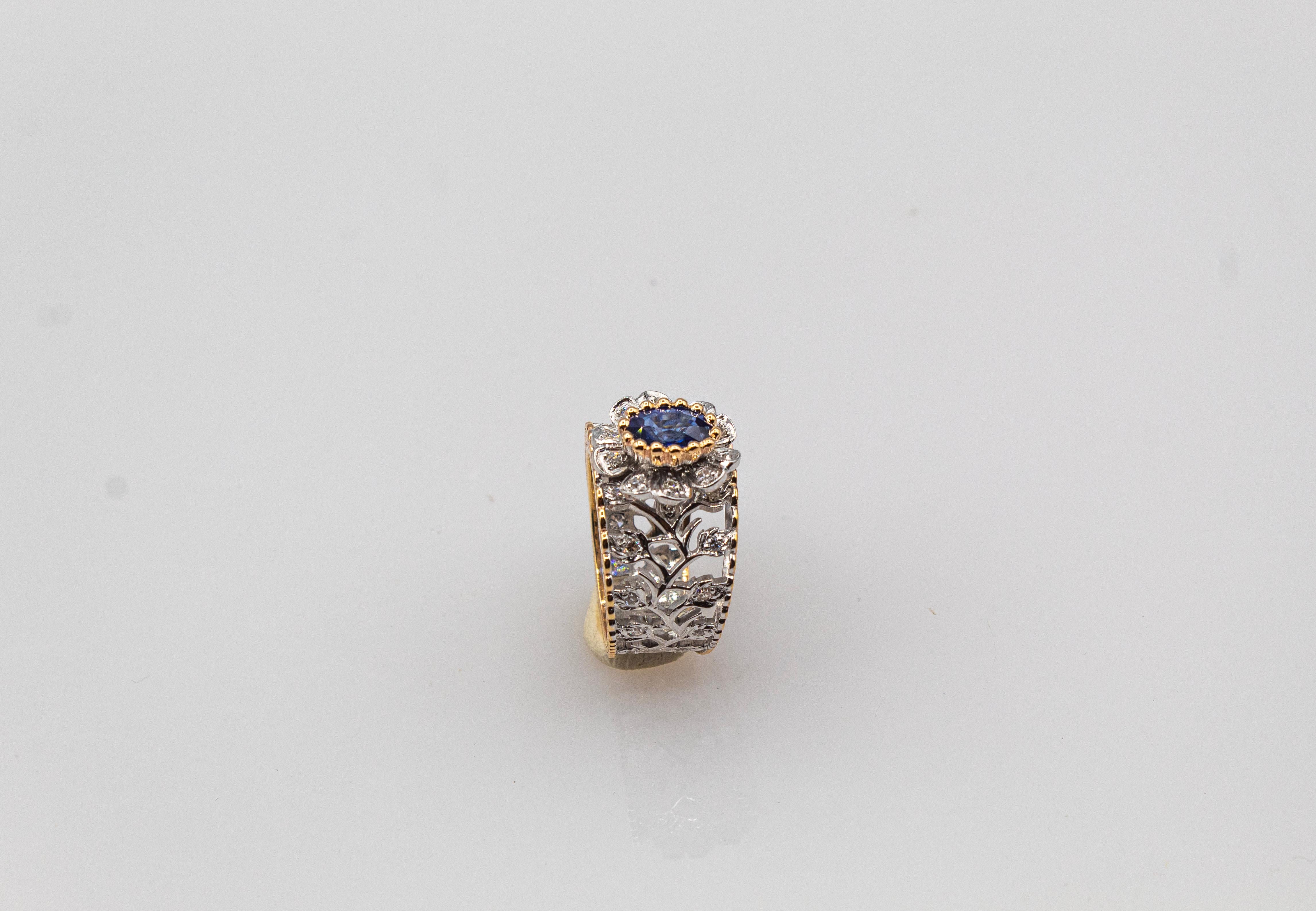 Gelbgoldring im Art-déco-Stil, weißer moderner Diamant im Rundschliff mit blauem Saphir und blauem Saphir für Damen oder Herren im Angebot