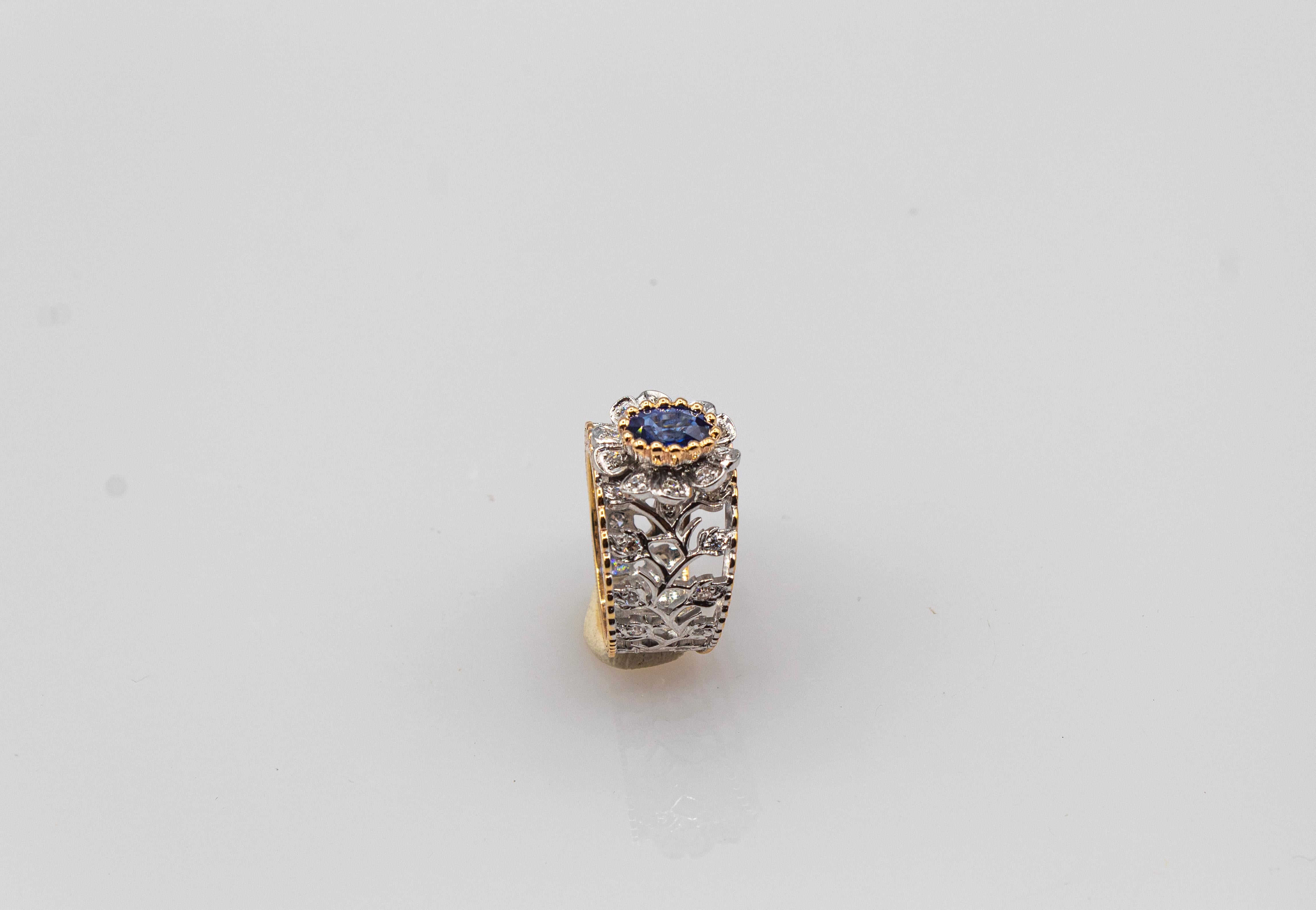 Art Deco Style White Modern Round Cut Diamond Blue Sapphire Yellow Gold Ring 1