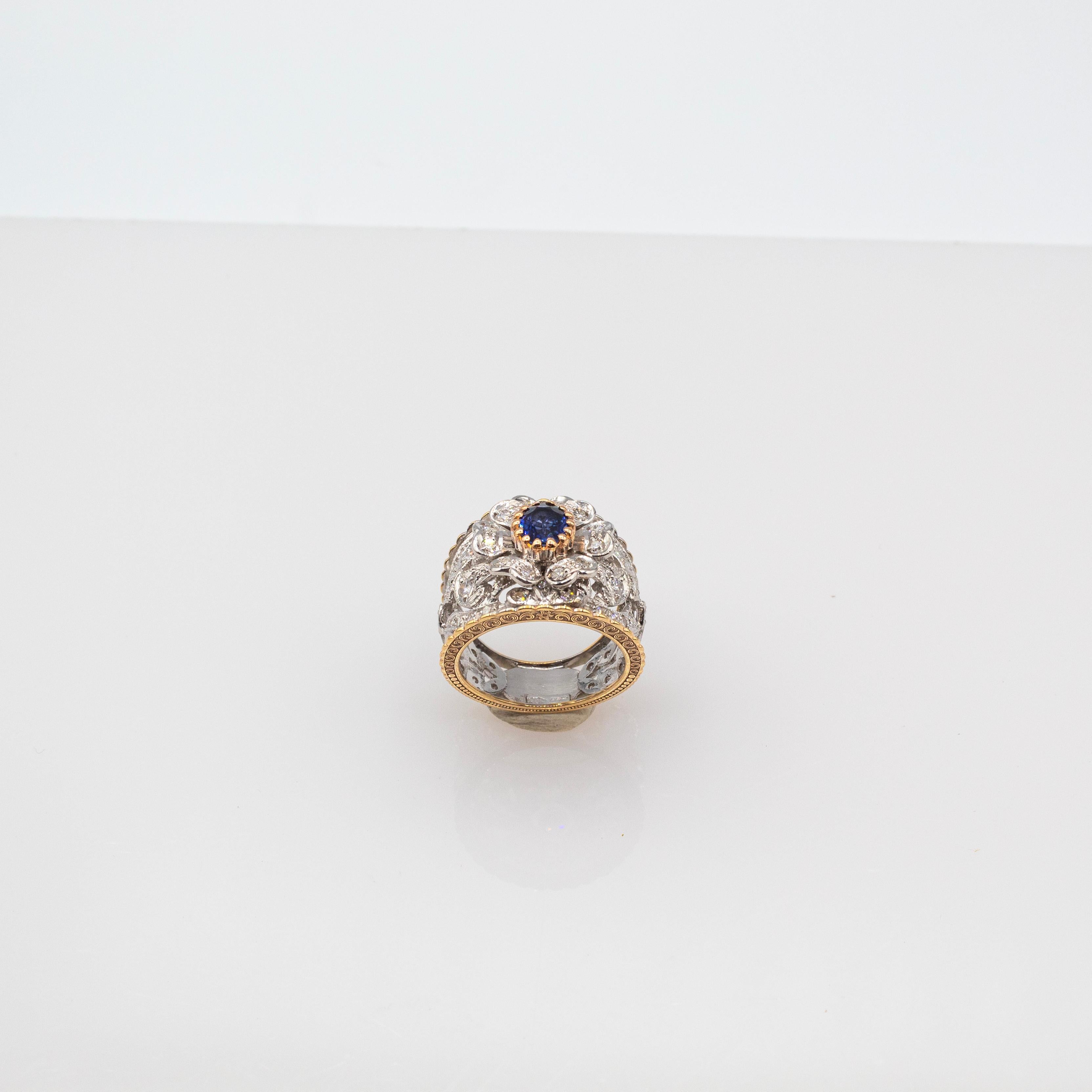 Art Deco Style White Modern Round Cut Diamond Blue Sapphire Yellow Gold Ring For Sale 1