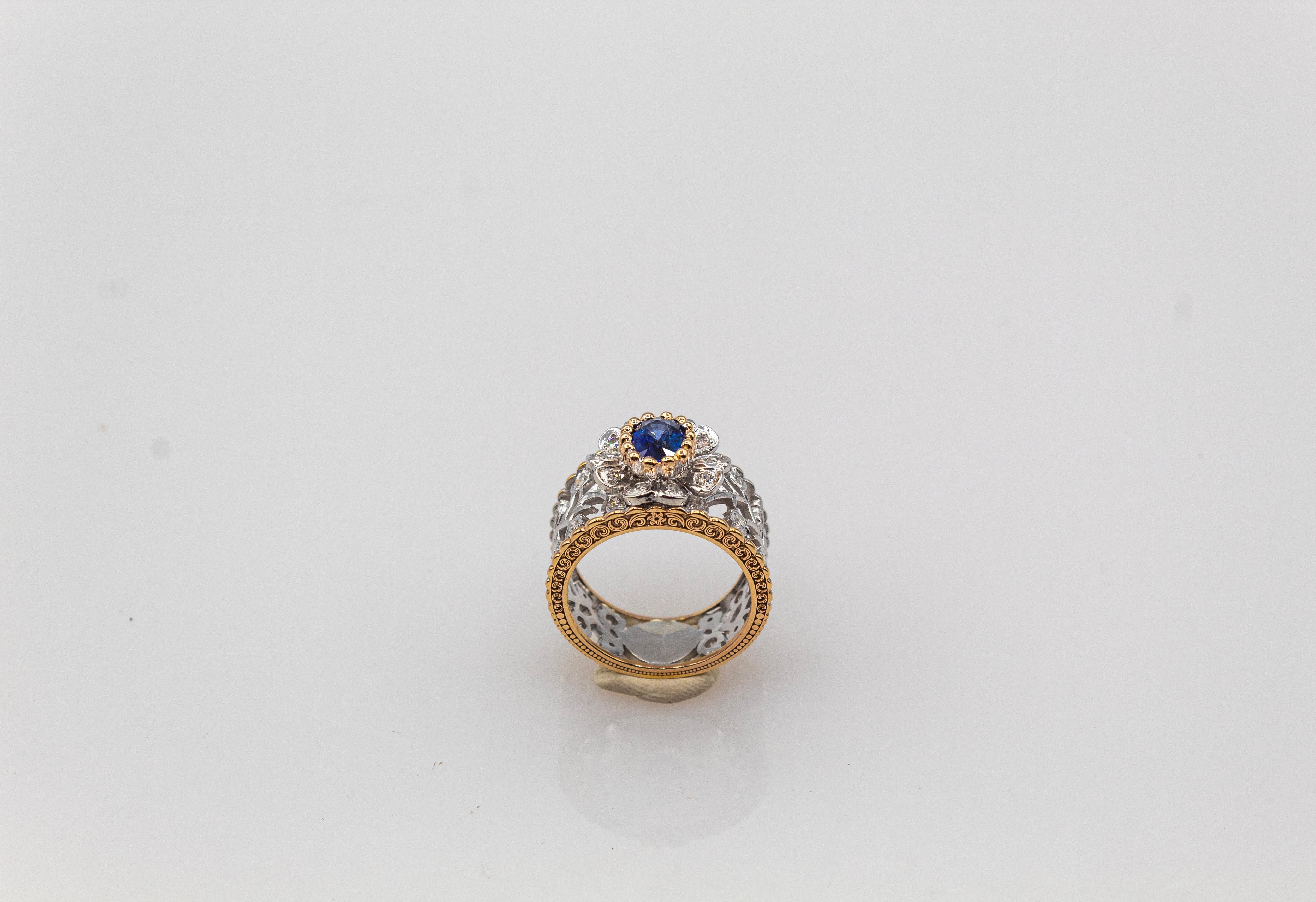 Art Deco Style White Modern Round Cut Diamond Blue Sapphire Yellow Gold Ring 2