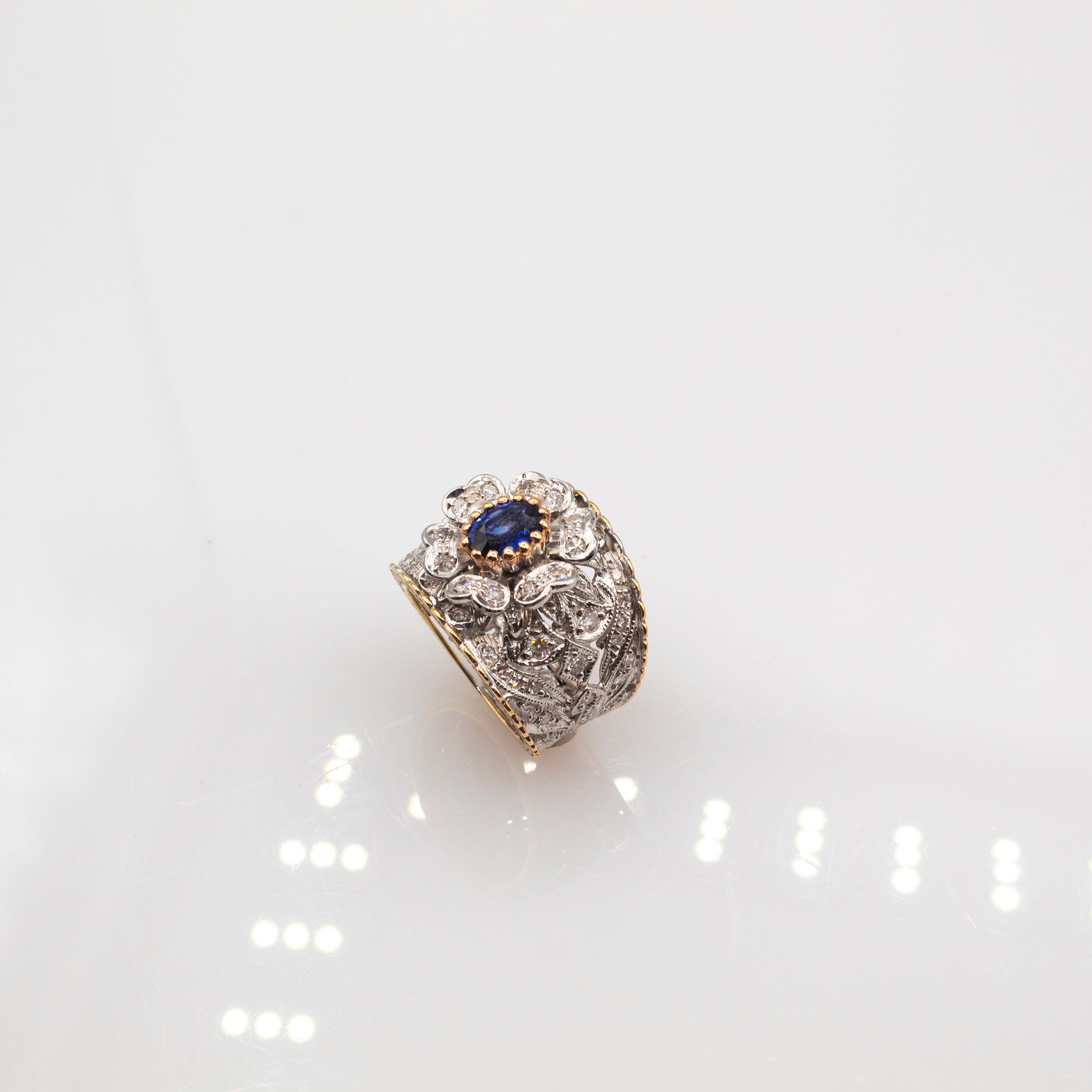 Art Deco Style White Modern Round Cut Diamond Blue Sapphire Yellow Gold Ring For Sale 2