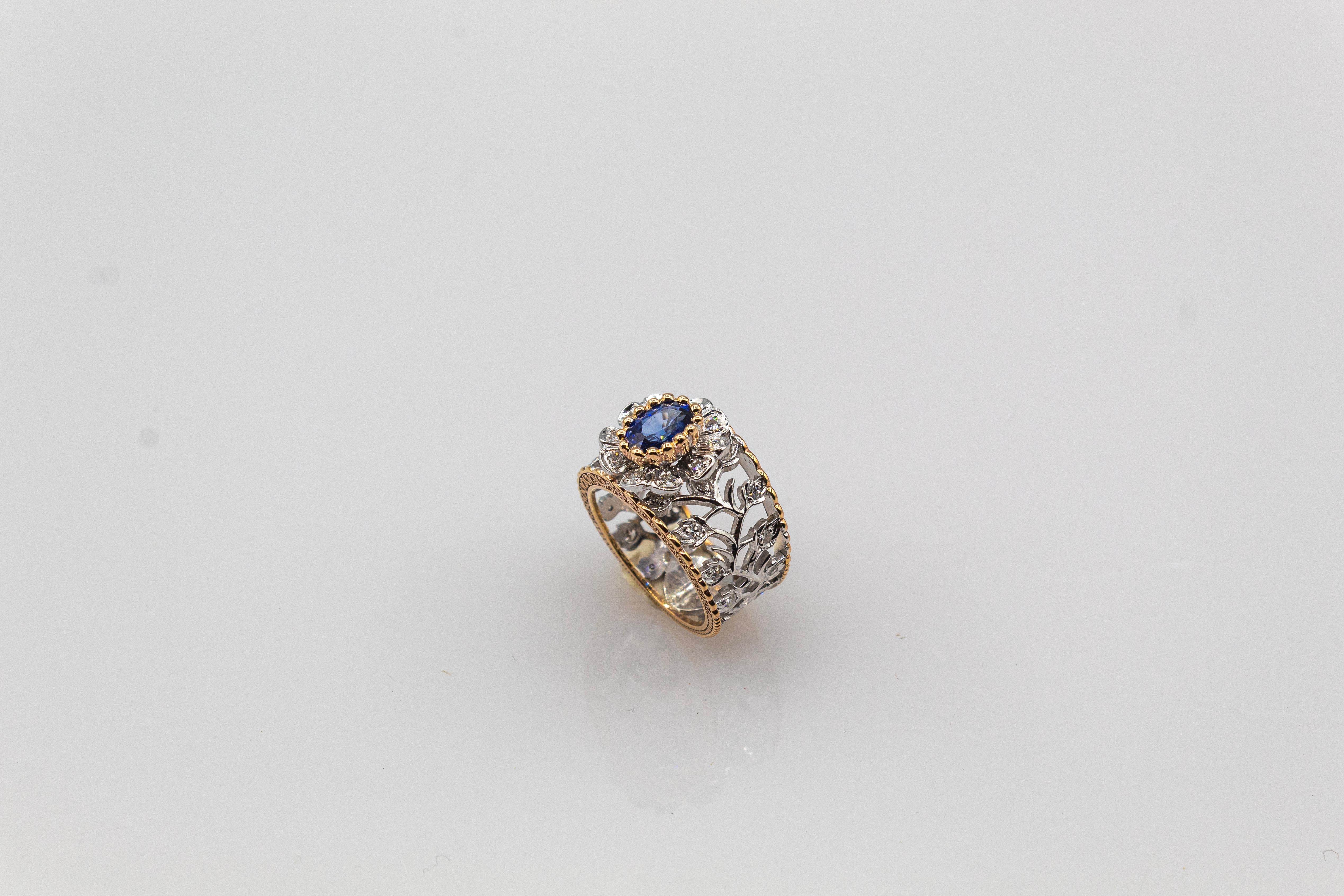 Gelbgoldring im Art-déco-Stil, weißer moderner Diamant im Rundschliff mit blauem Saphir und blauem Saphir im Angebot 2