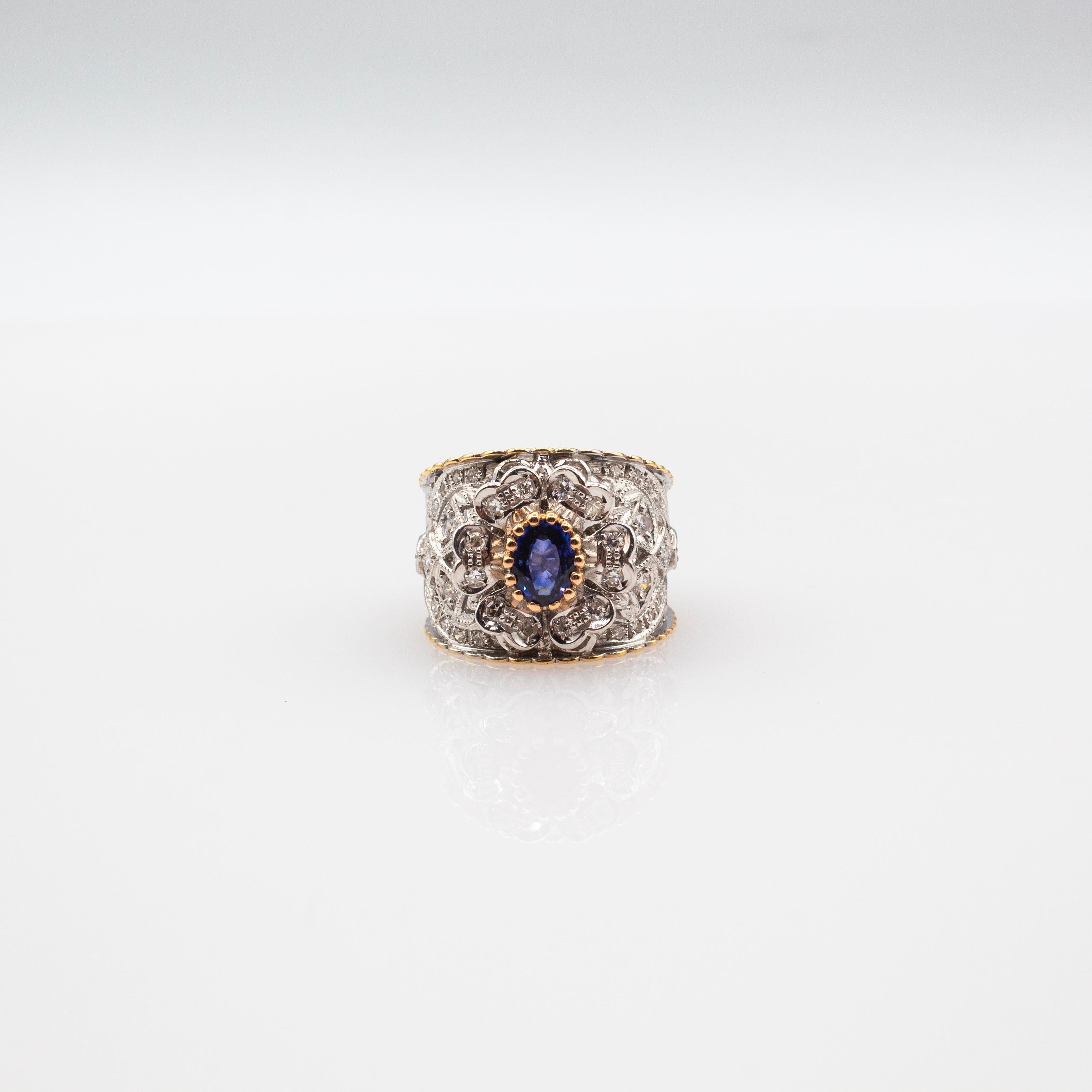 Bague moderne de style Art déco en or jaune avec diamants ronds et saphirs bleus en vente 2