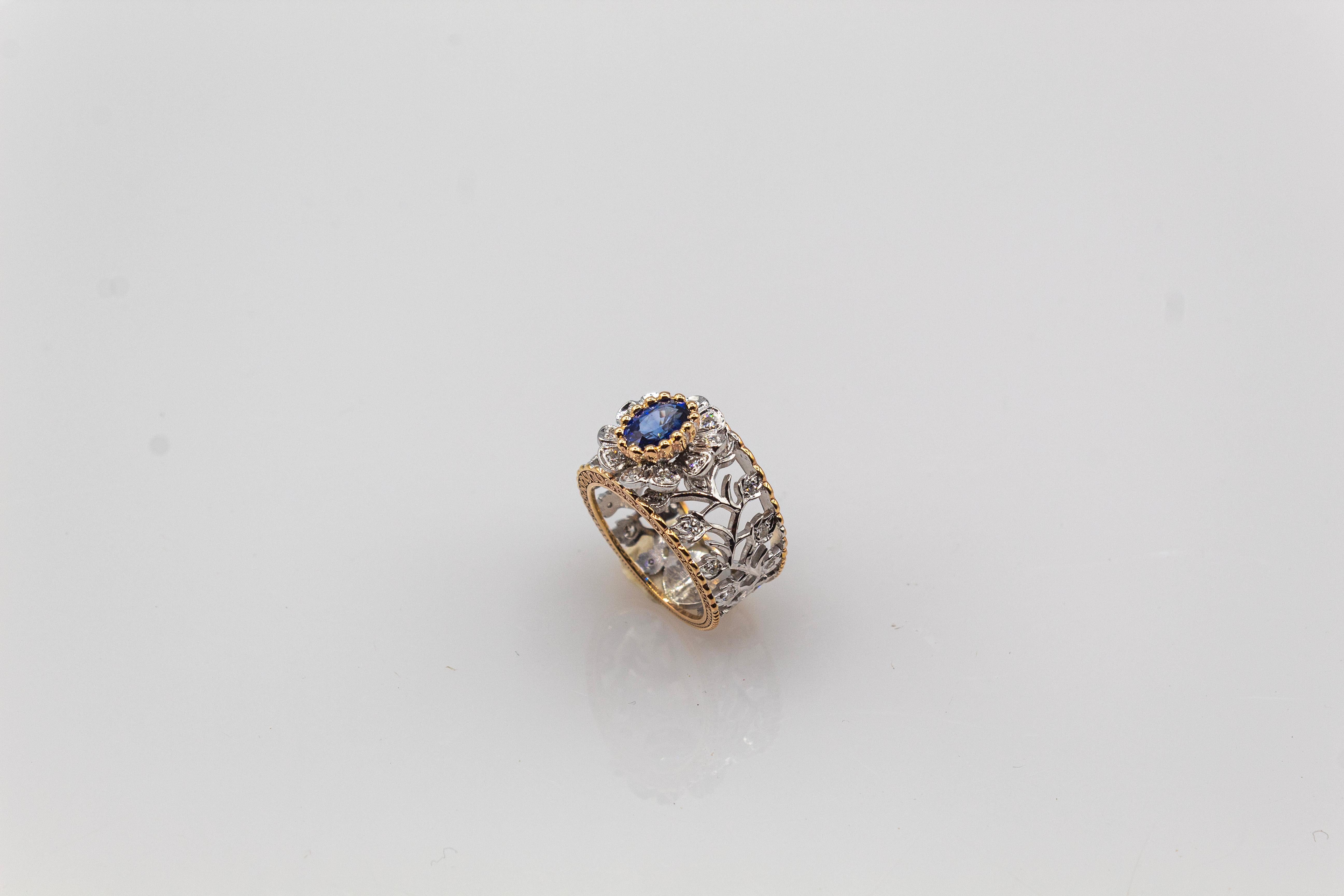 Gelbgoldring im Art-déco-Stil, weißer moderner Diamant im Rundschliff mit blauem Saphir und blauem Saphir im Angebot 3