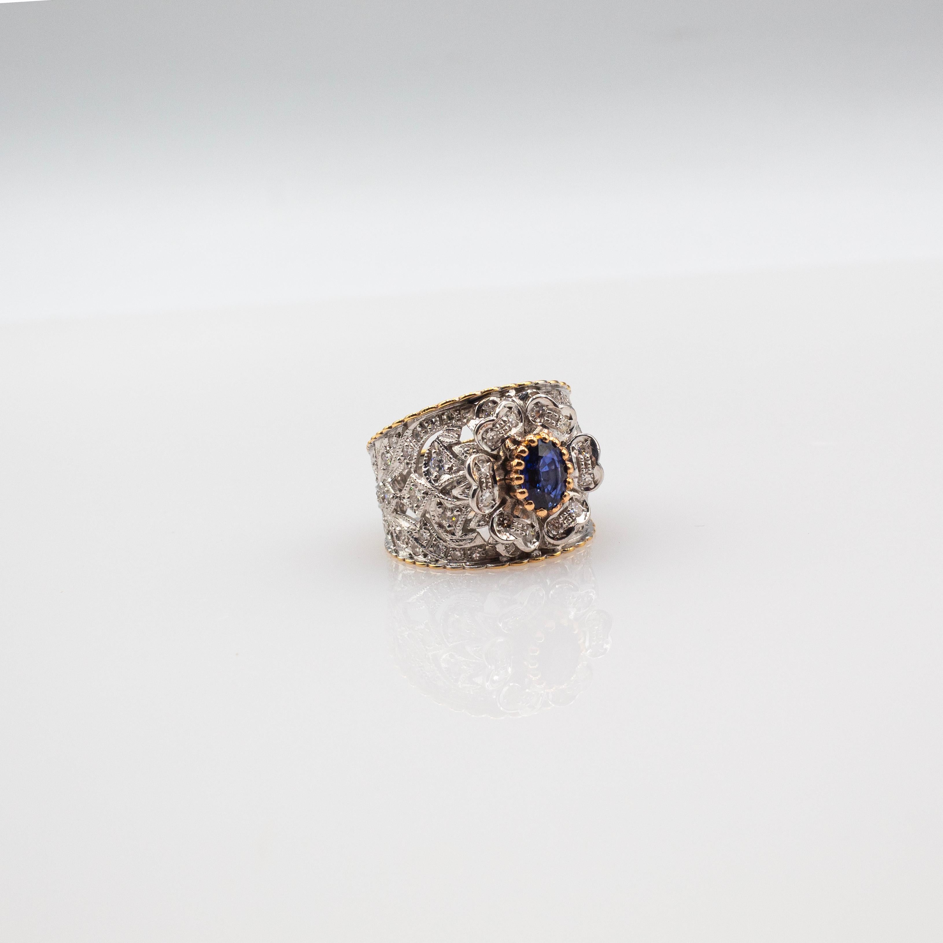 Art Deco Style White Modern Round Cut Diamond Blue Sapphire Yellow Gold Ring For Sale 4