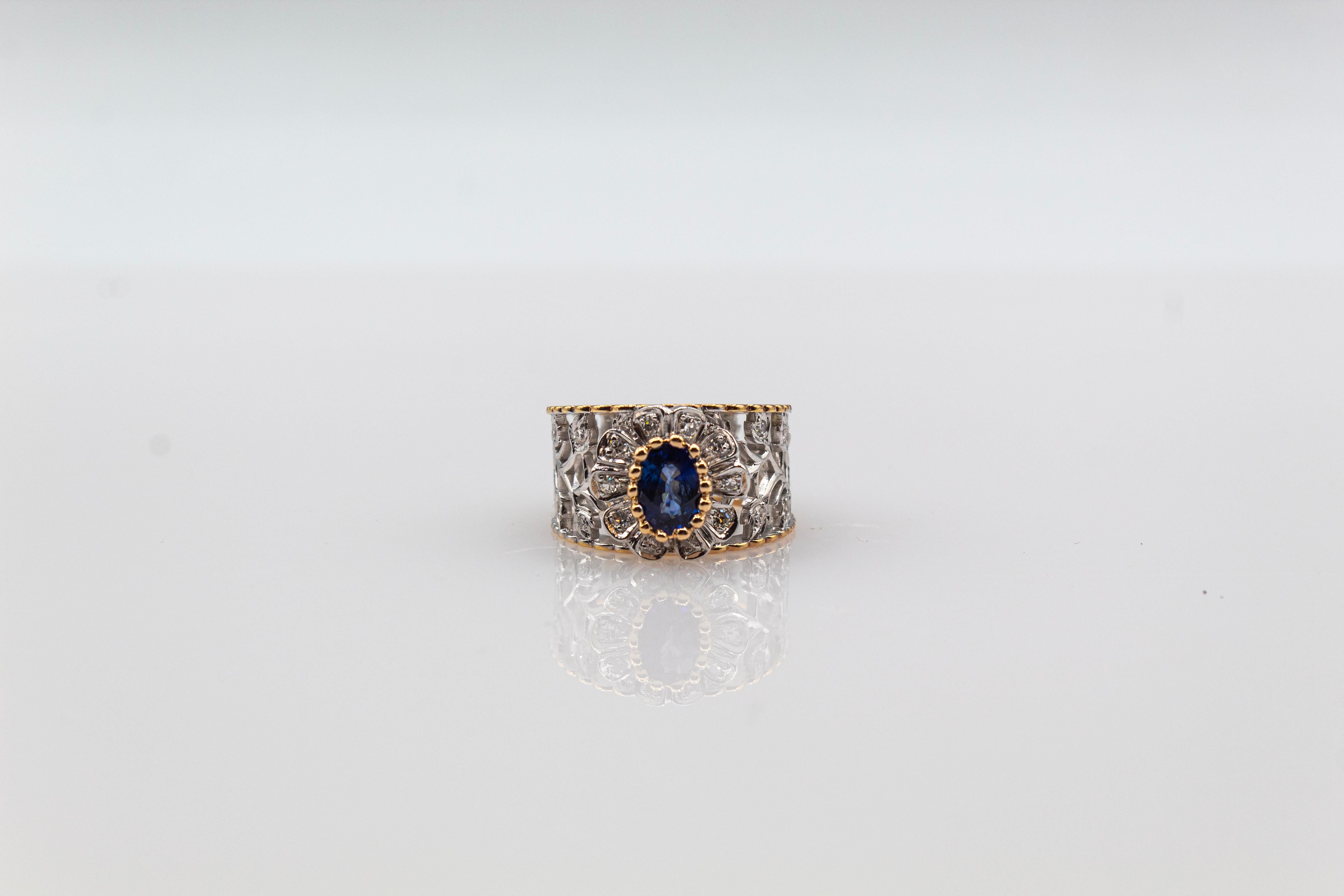 Gelbgoldring im Art-déco-Stil, weißer moderner Diamant im Rundschliff mit blauem Saphir und blauem Saphir im Angebot 4