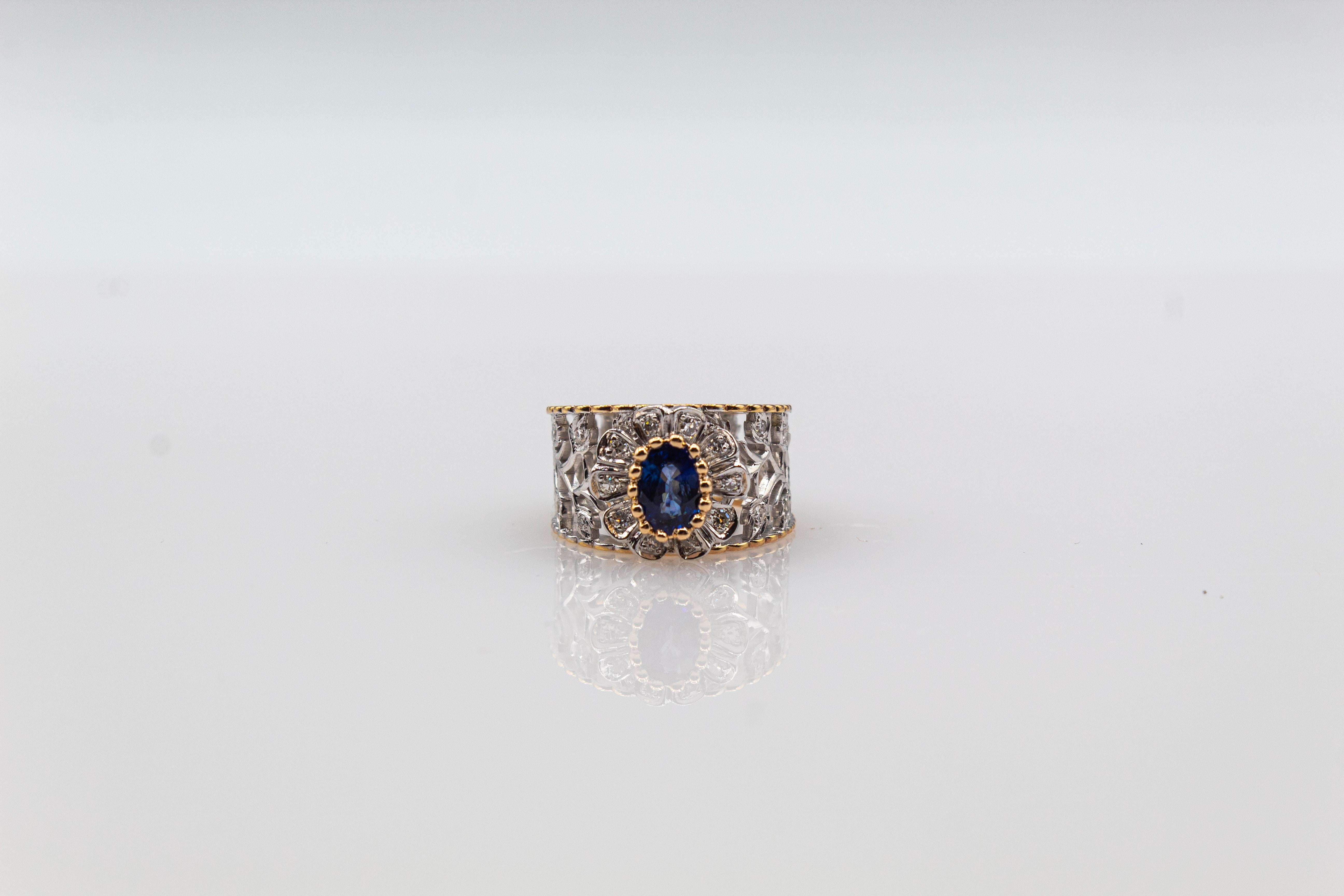 Art Deco Style White Modern Round Cut Diamond Blue Sapphire Yellow Gold Ring 5