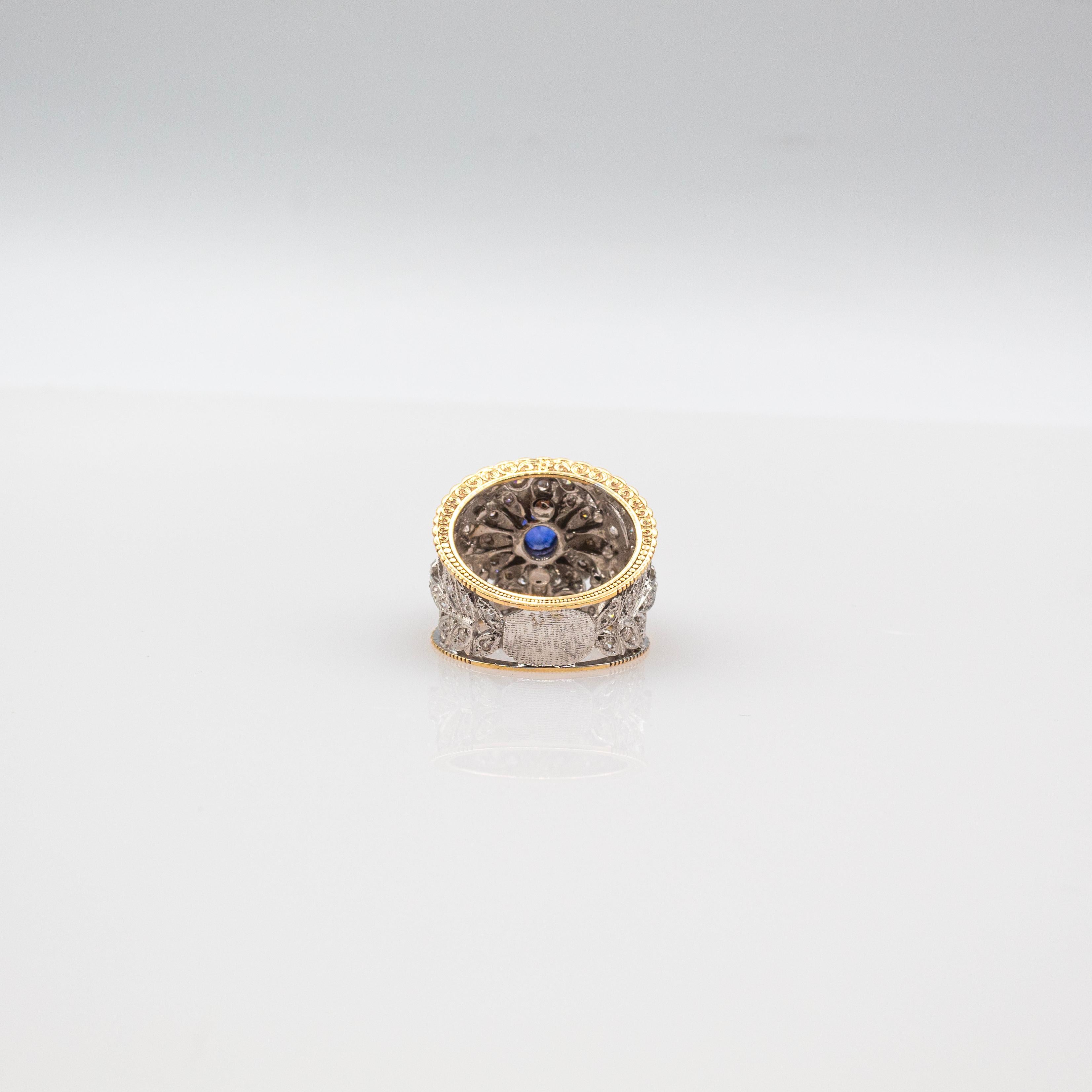 Art Deco Style White Modern Round Cut Diamond Blue Sapphire Yellow Gold Ring For Sale 5