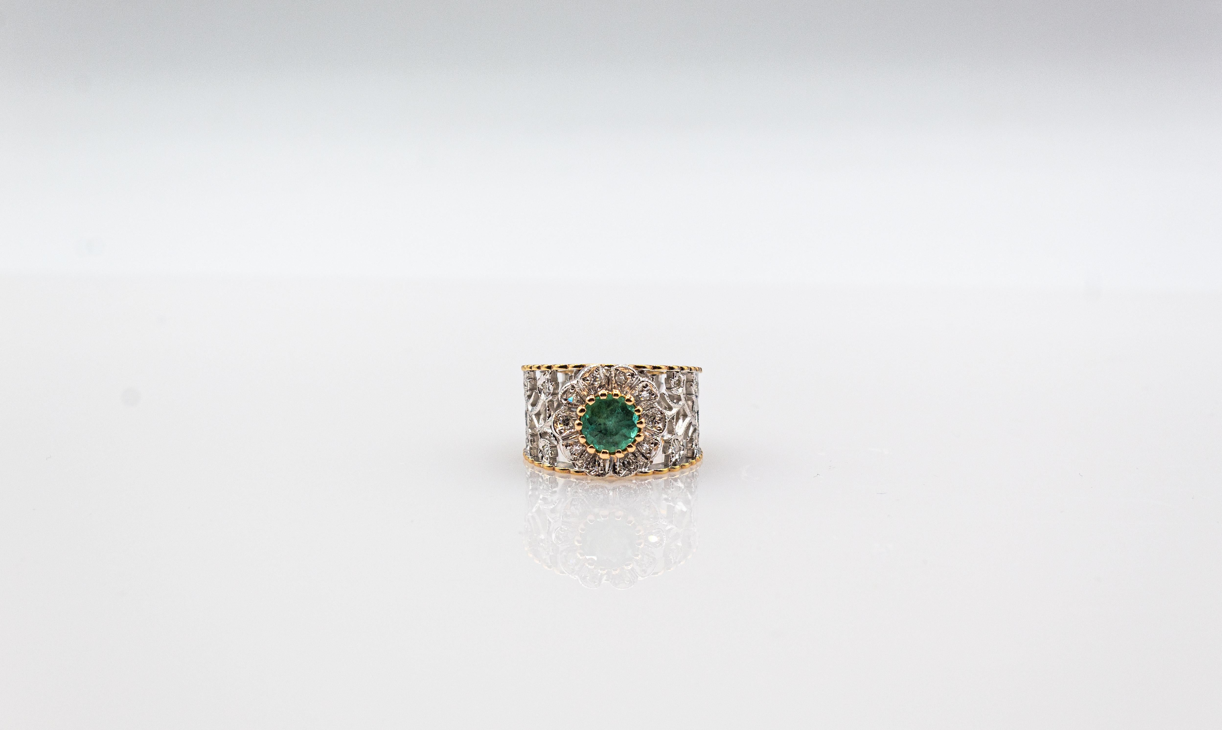 Art Deco Style White Modern Round Cut Diamond Emerald Yellow Gold Band Ring For Sale 6